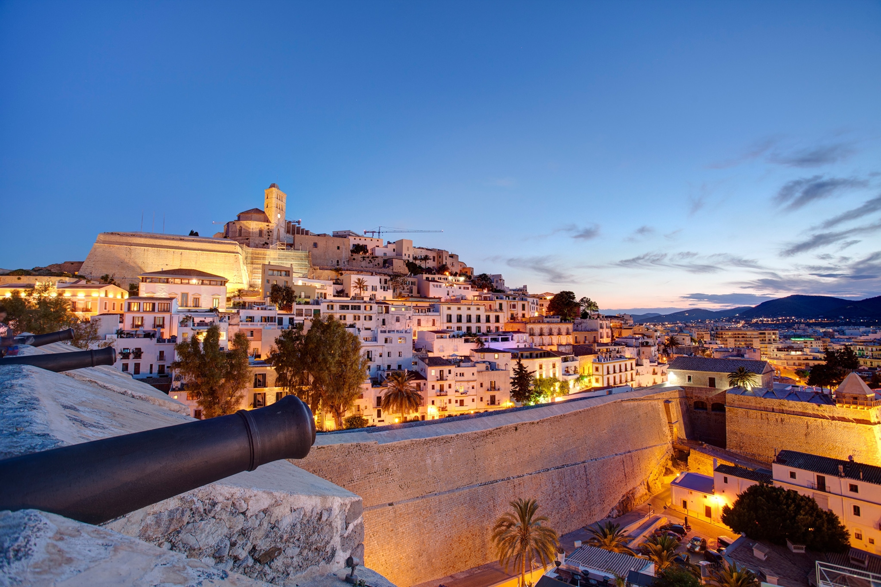 old town and Dalt Vila at dusk in Ibiza, Spain