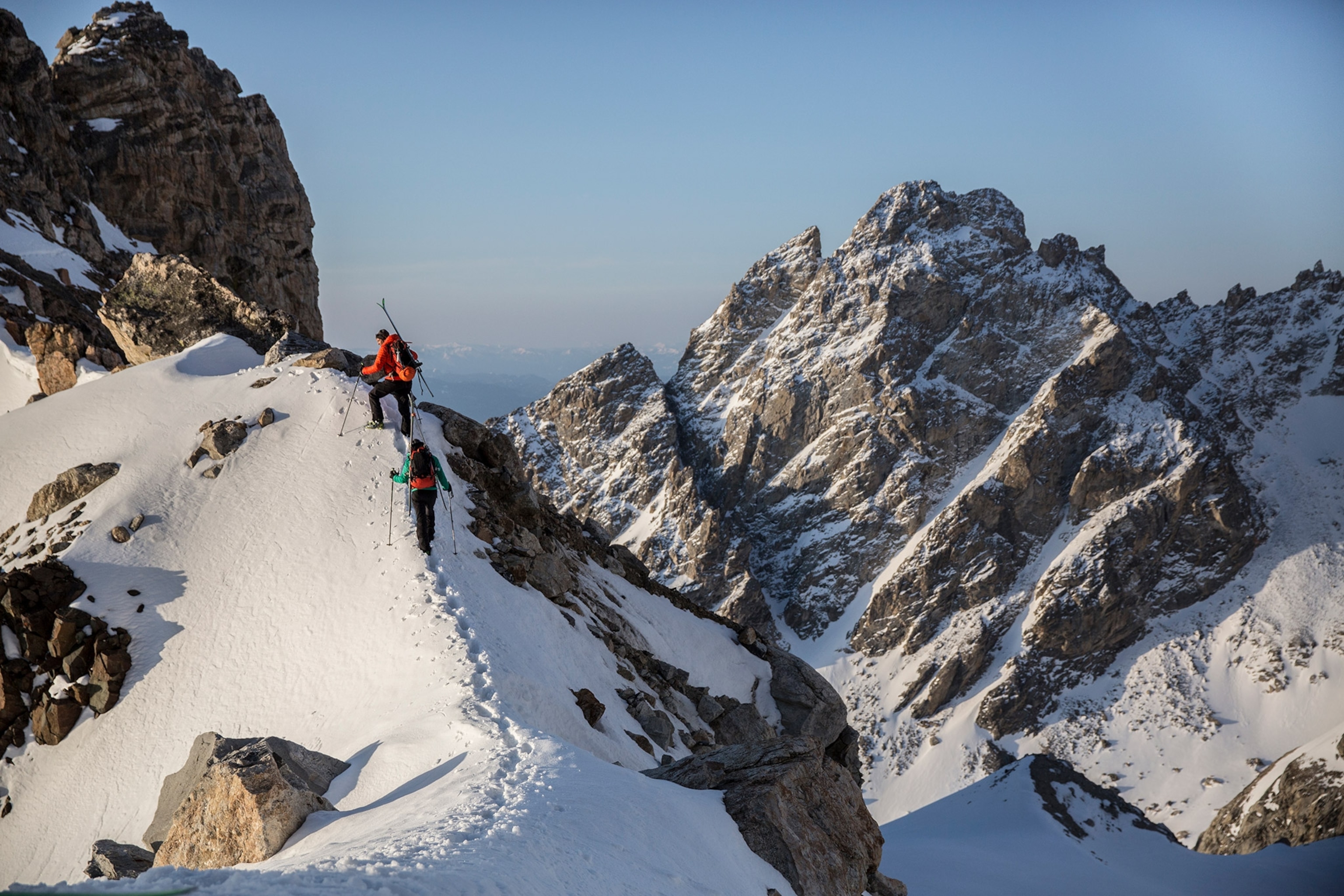 Ski mountaineers on Mount Owen in Grand Teton National Park.