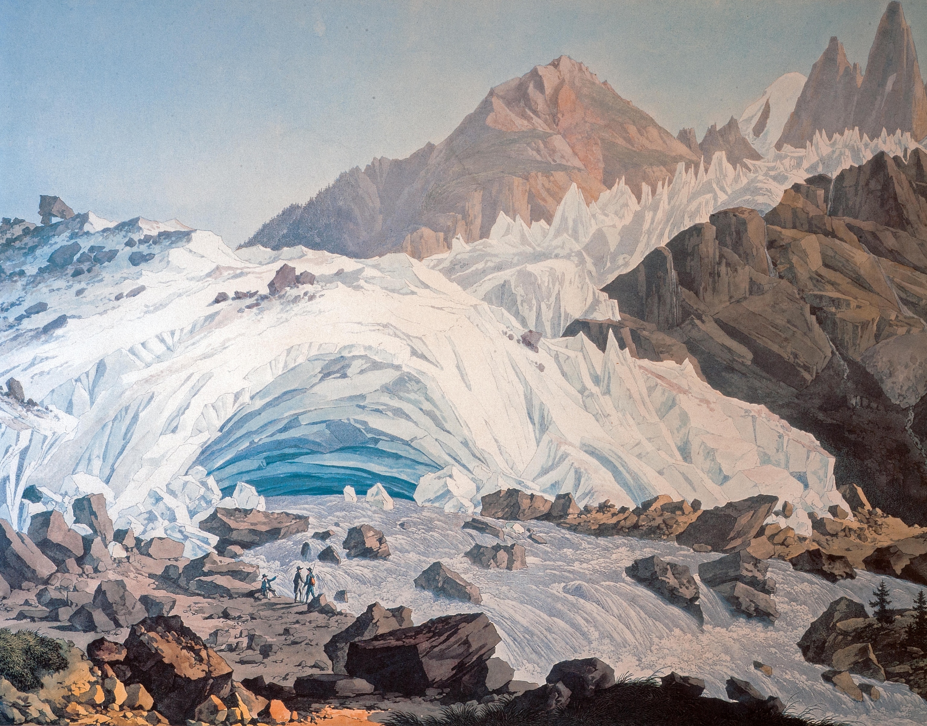 A depiction of an ice cave in a glacier circa 1800.