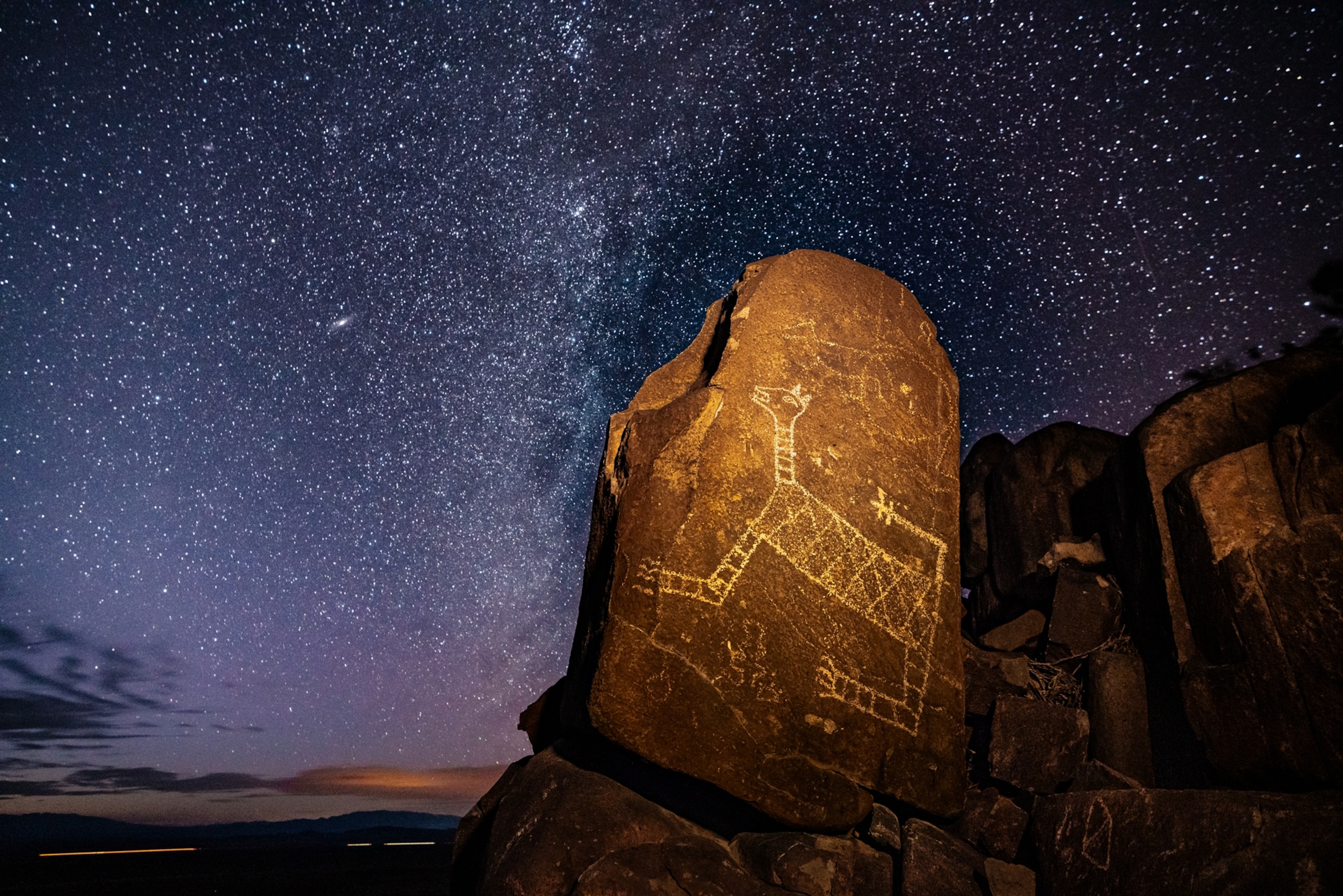 A snake-tailed mountain lion petroglyph under the night sky.