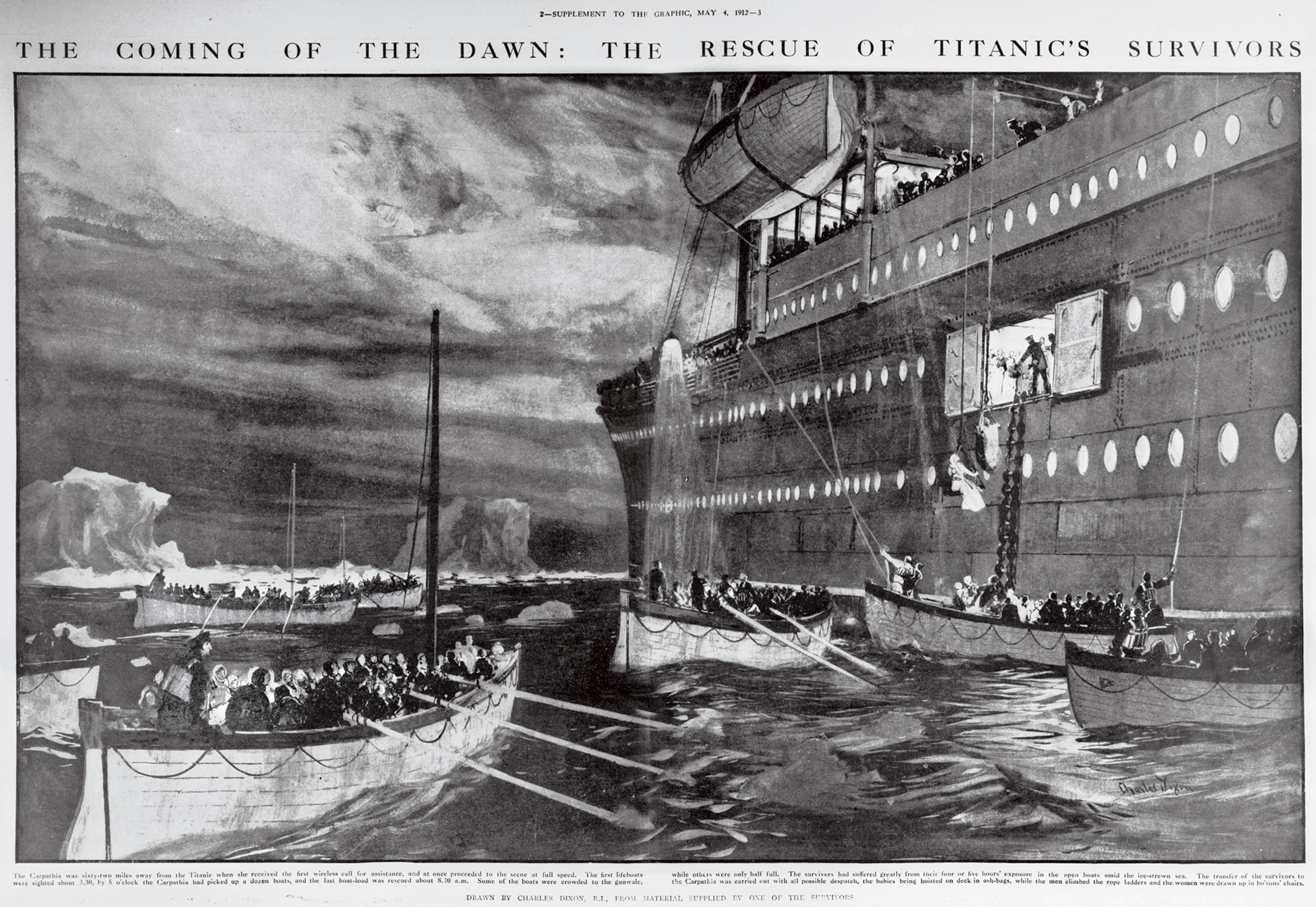 An illustration of the Carpathia arriving to rescue survivors in lifeboats from the Titanic.