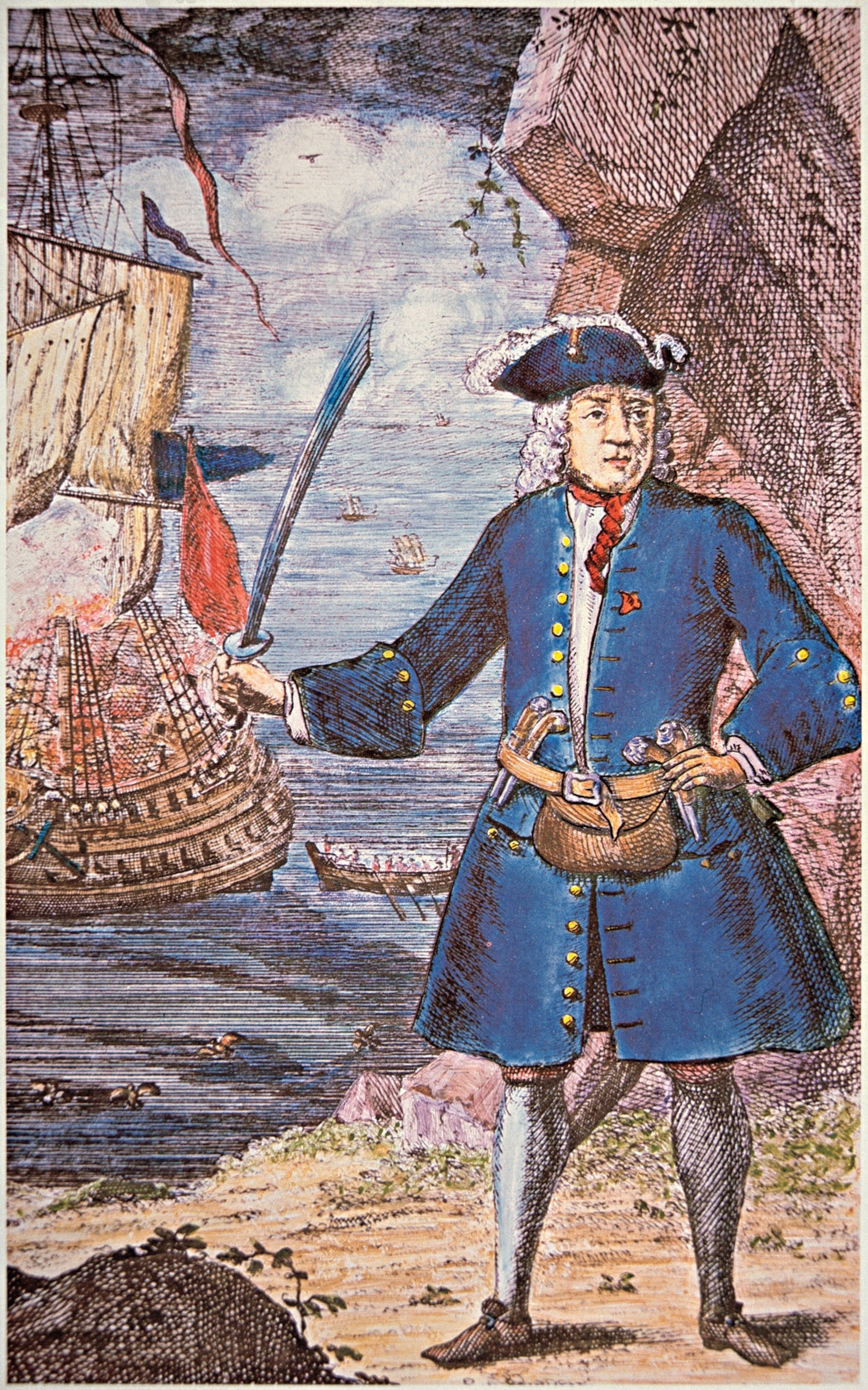 Illustration of man with blue suit with ship in distance