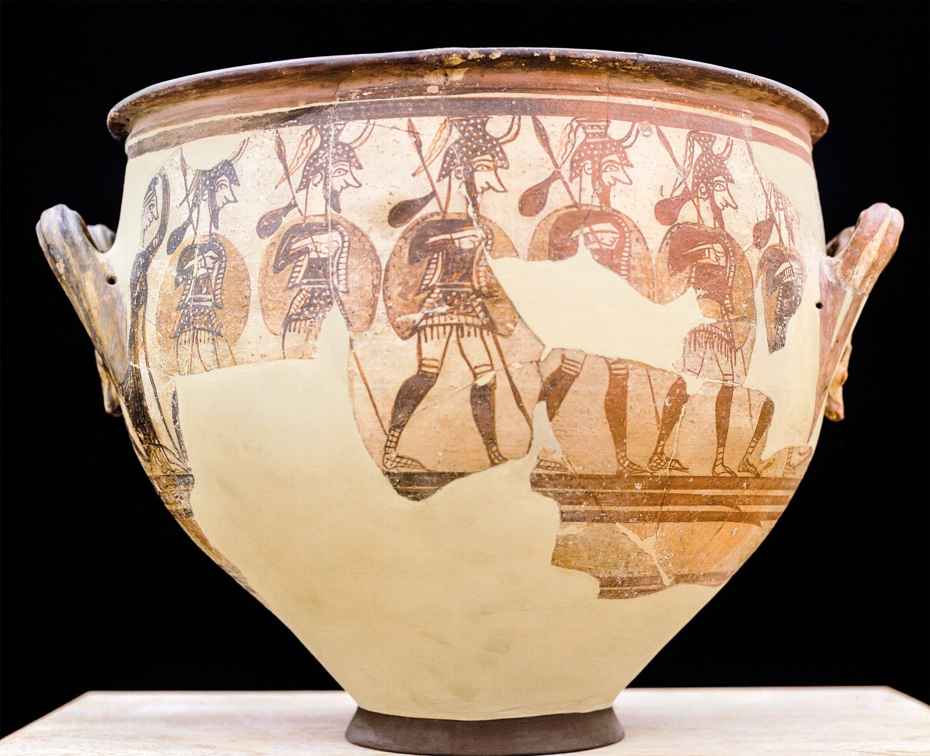 Mycenaean warriors adorn a 12th-century B.C. wine krater from Mycenae.