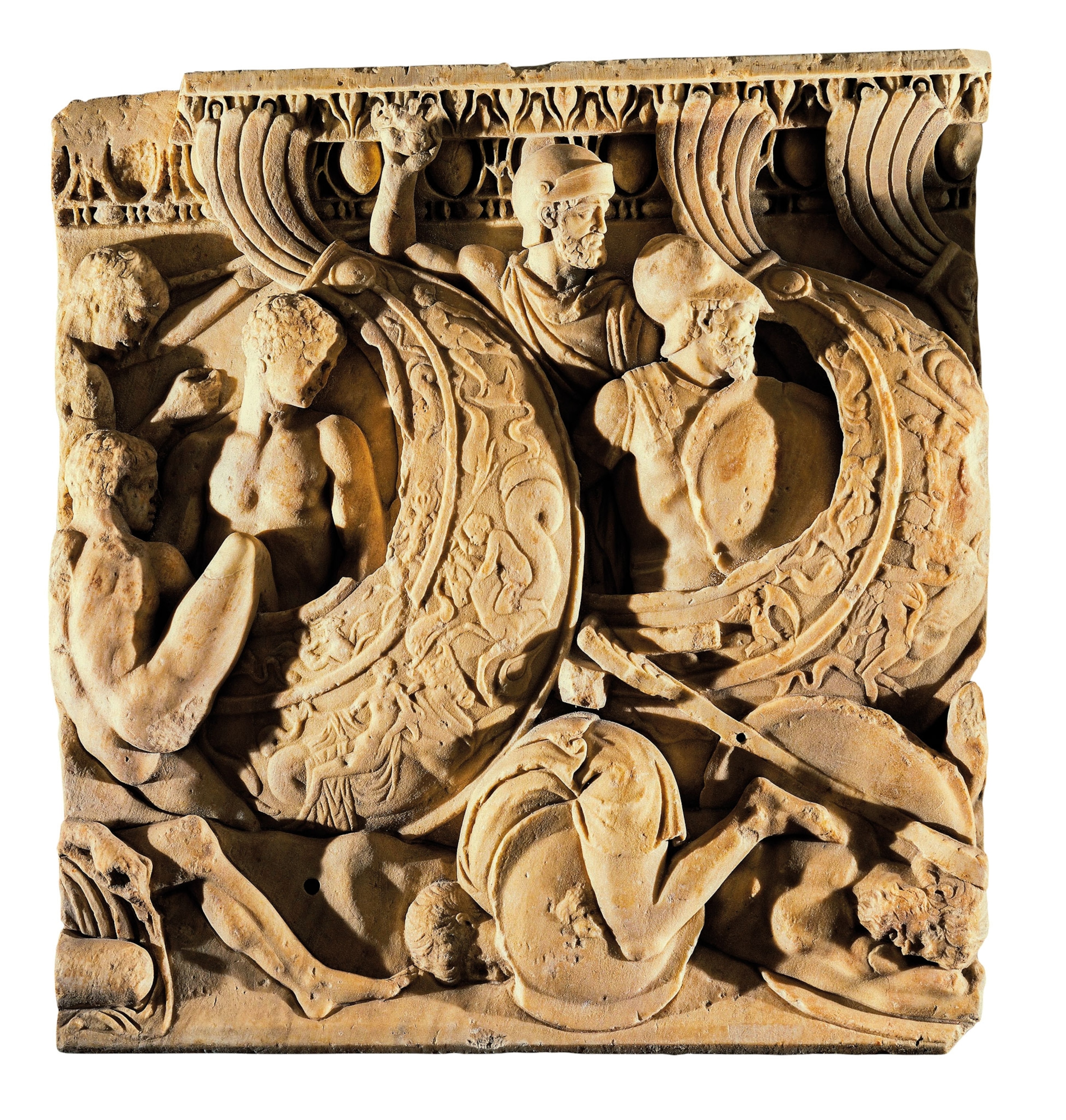 a sea battle carved into stone