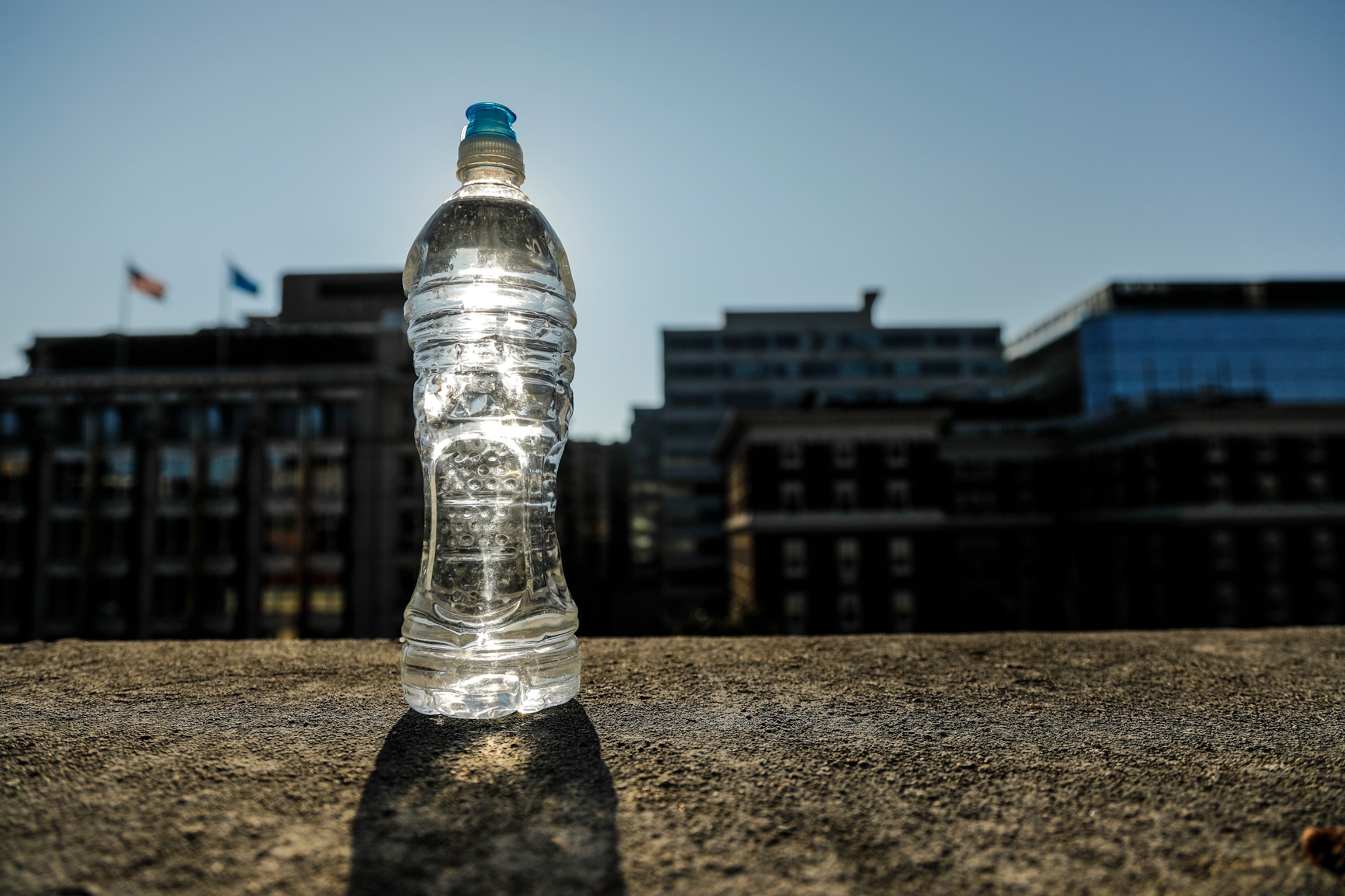 plastic water bottle in sun.