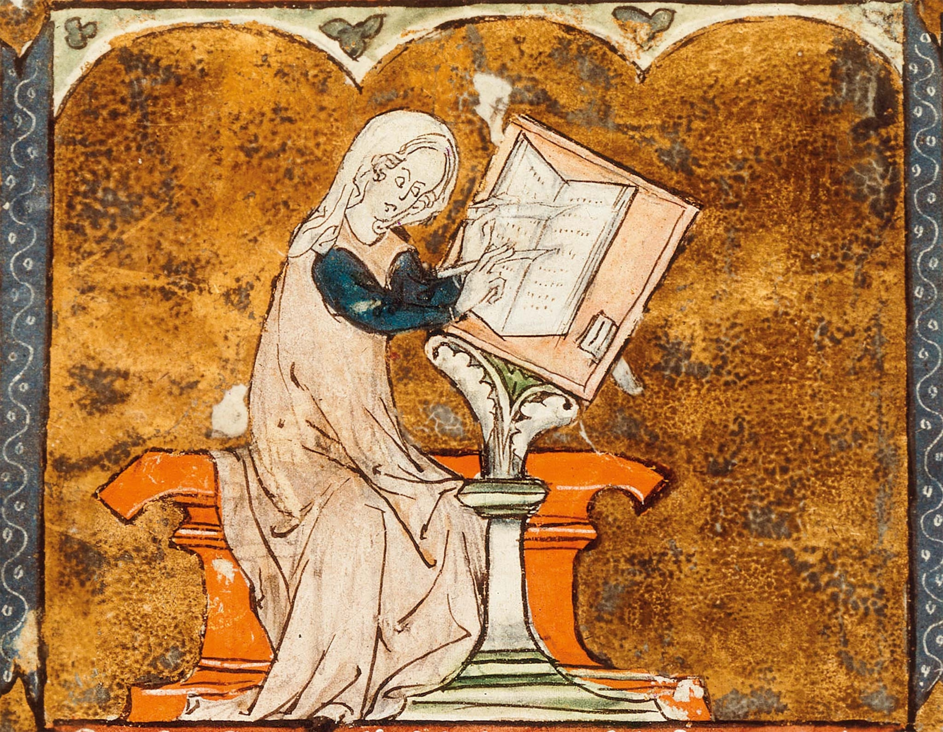 A 13th-century miniature shows Anglo-Norman poet Marie de France writing on a propped up book