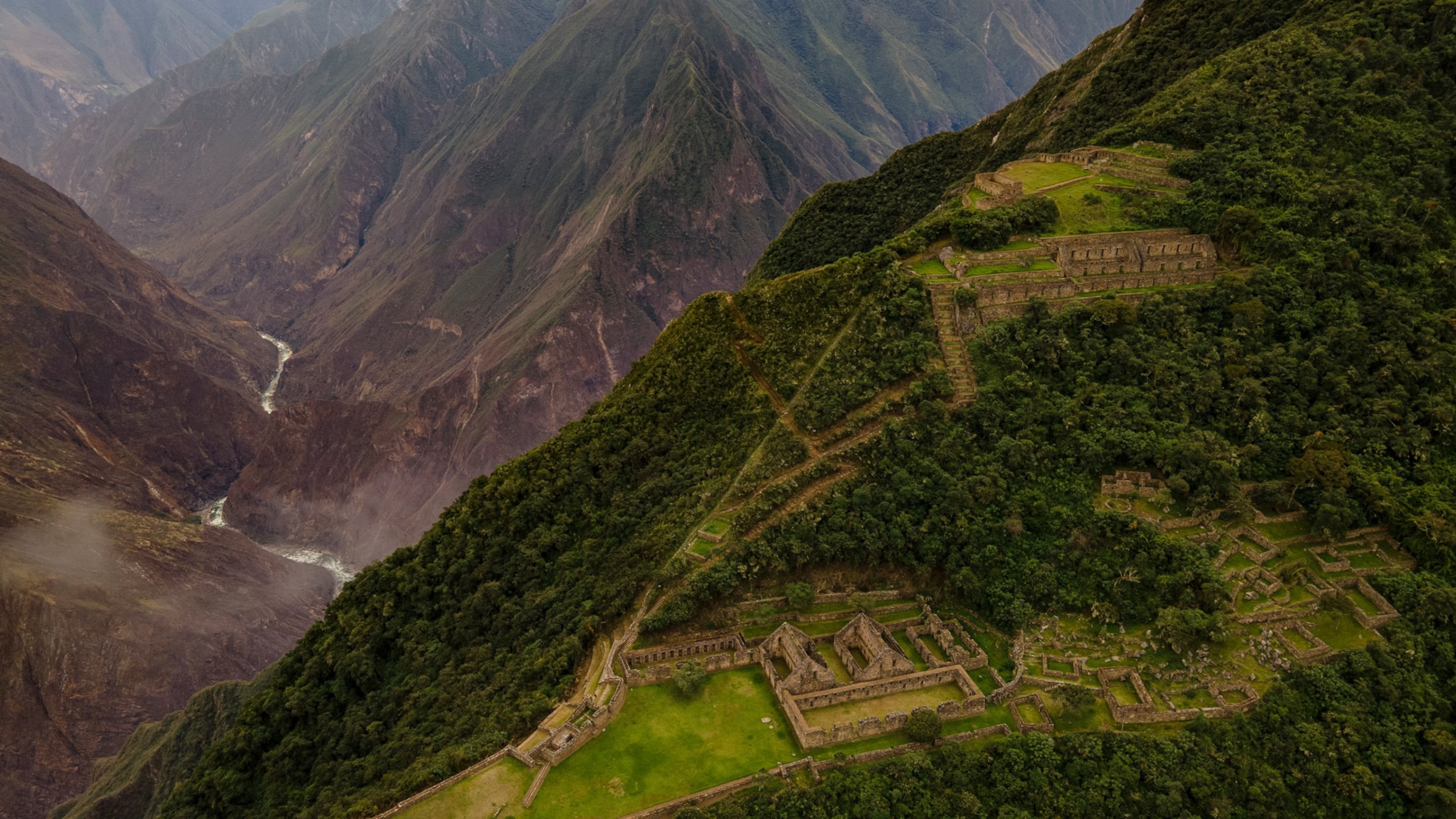 Aerial view of the Hanan zone (high) and the hurin zone (low) of the Choquequirao archaeological center