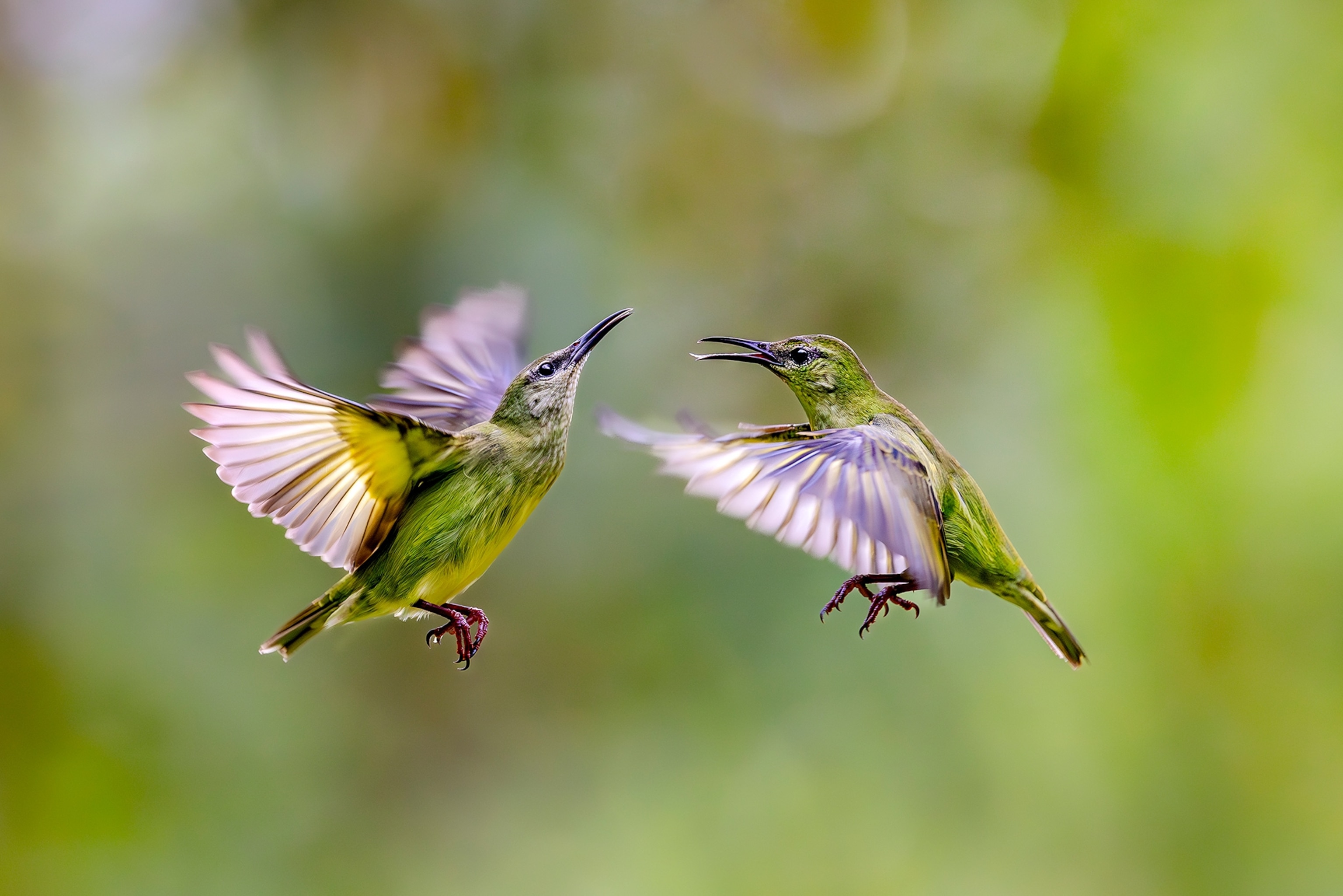 Two birds with colorful green wings flying while facing each other.