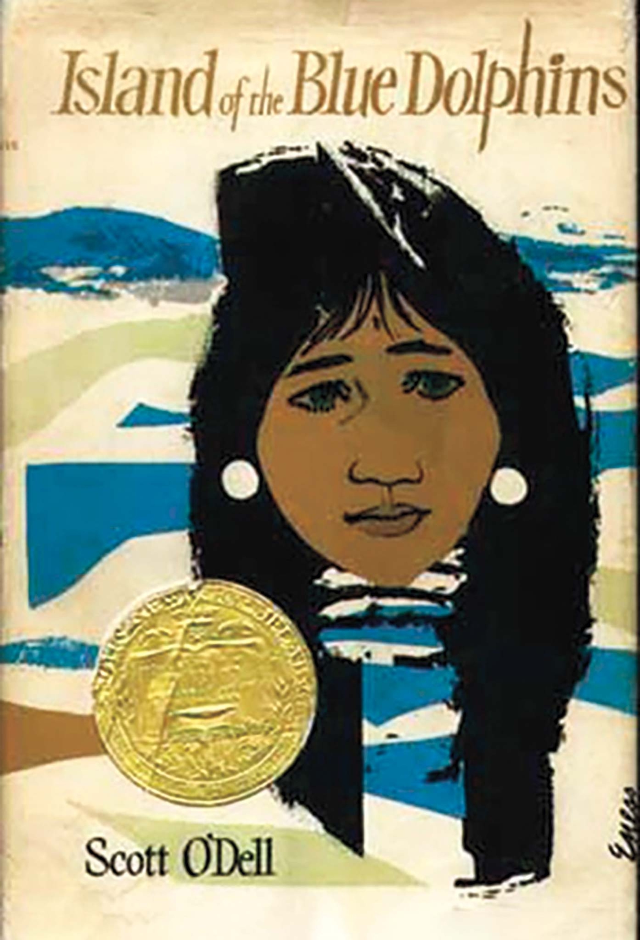 The cover of "Island of the Blue Dolphins" shows an illustration of the lone woman