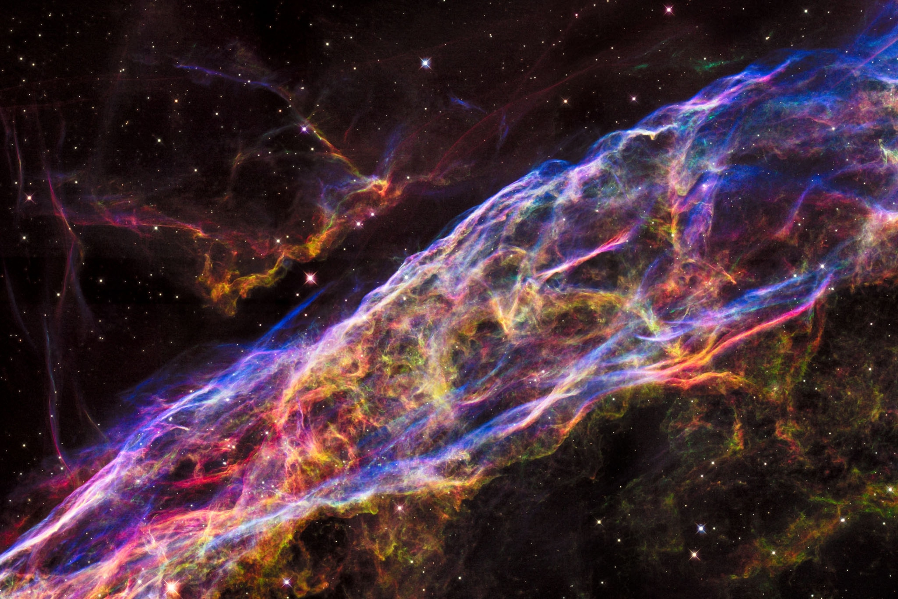 stream of purple and orange light in black cosmos.