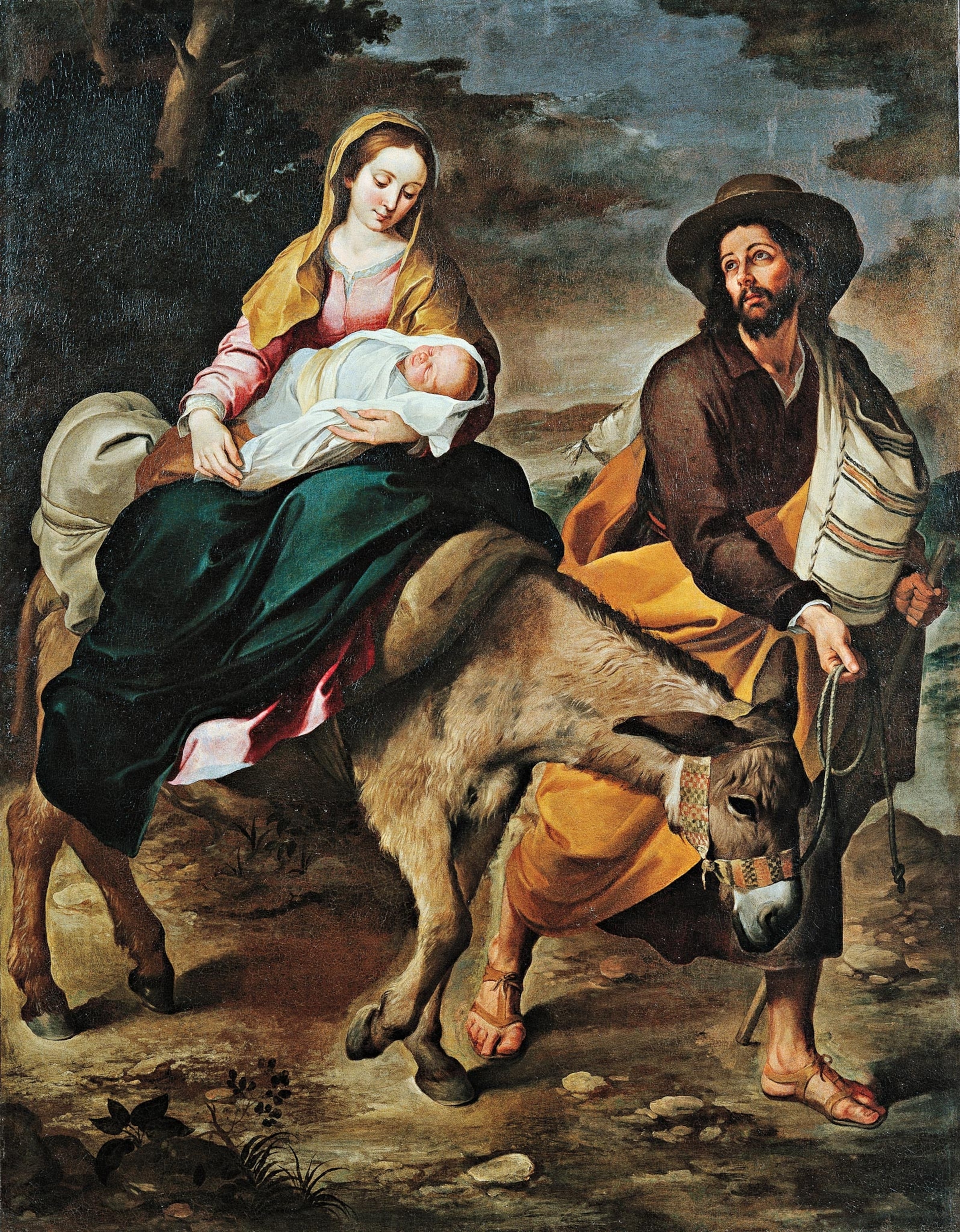 Painting of Mary and baby Jesus on a donkey with Joseph walking alongside