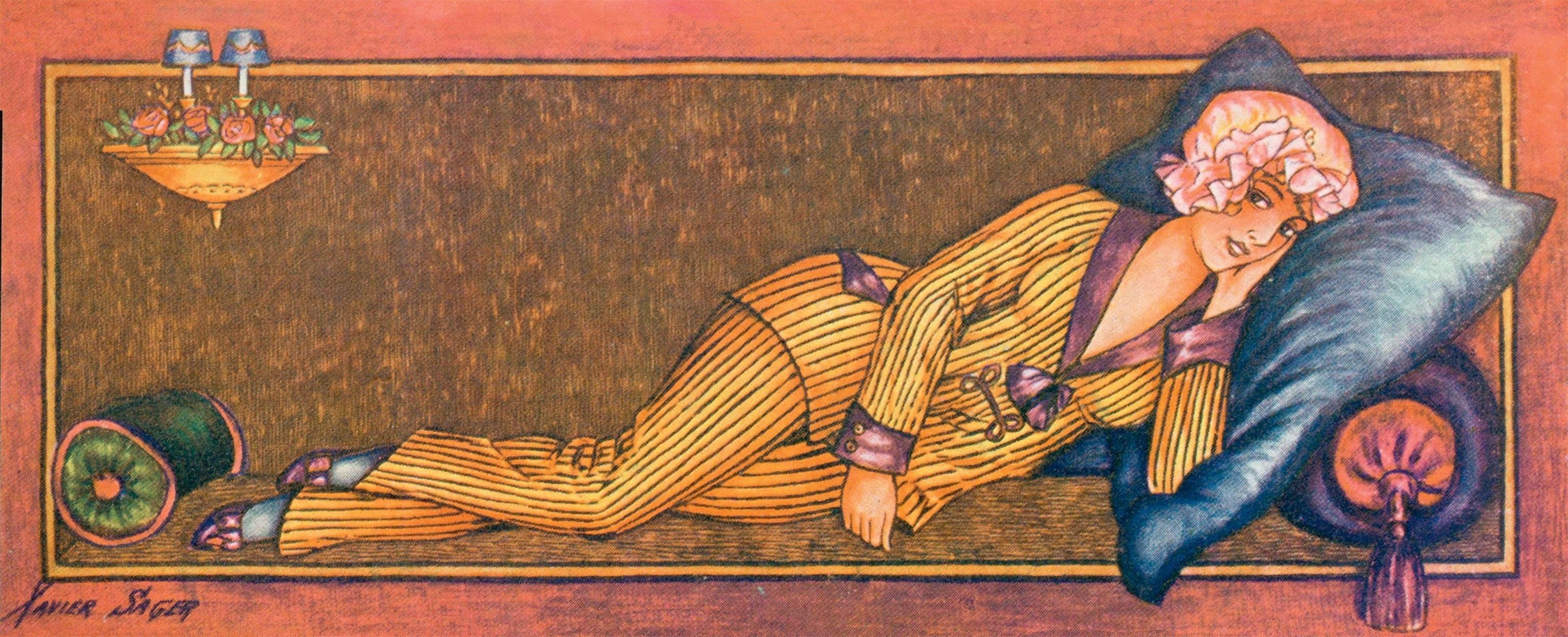 A woman lies down in a yellow and purple striped pajama set in a drawing