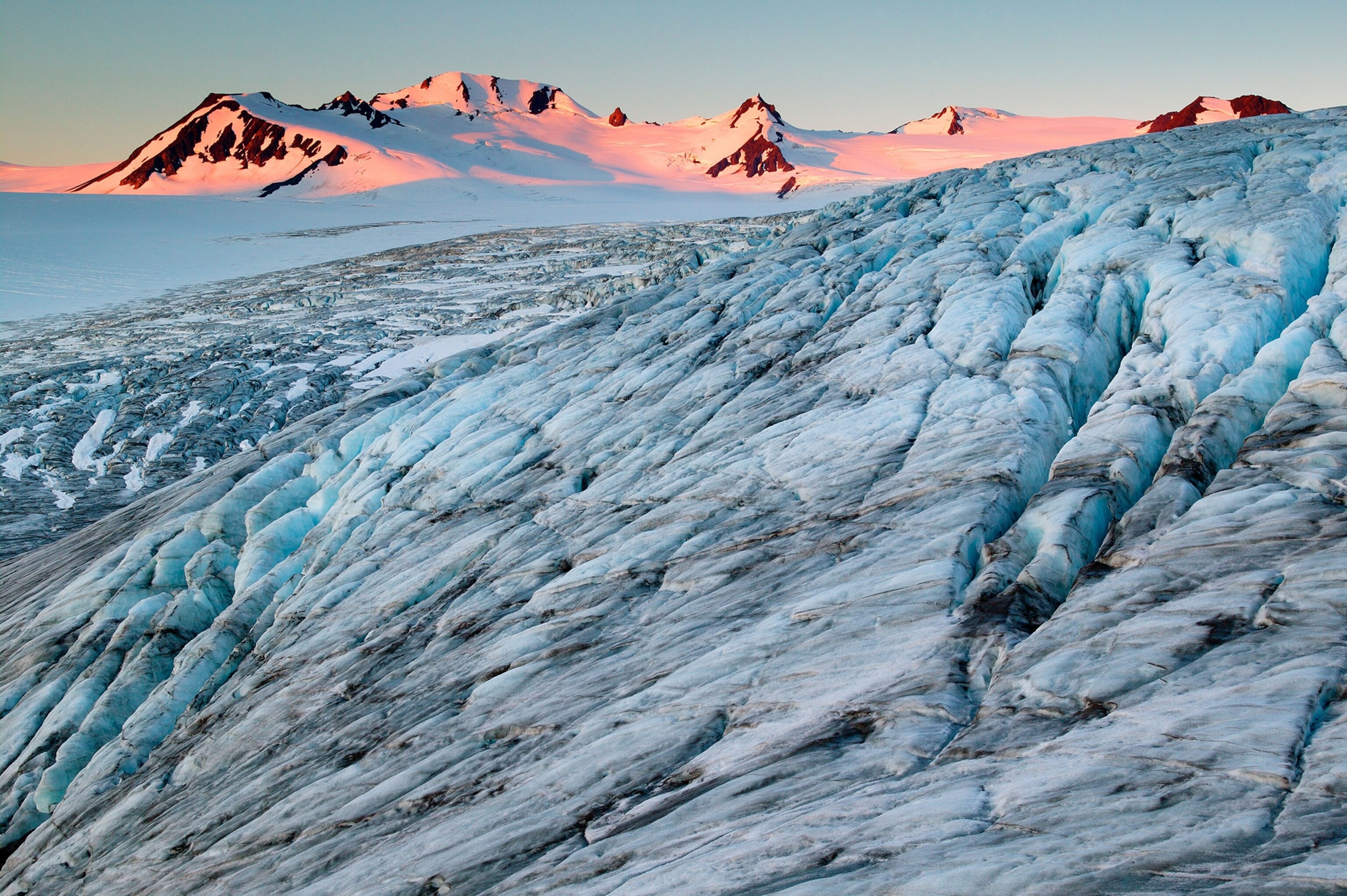 Exit Glacier and the Harding Icefield at sunrise in Kenai Fjords National Park in Alaska