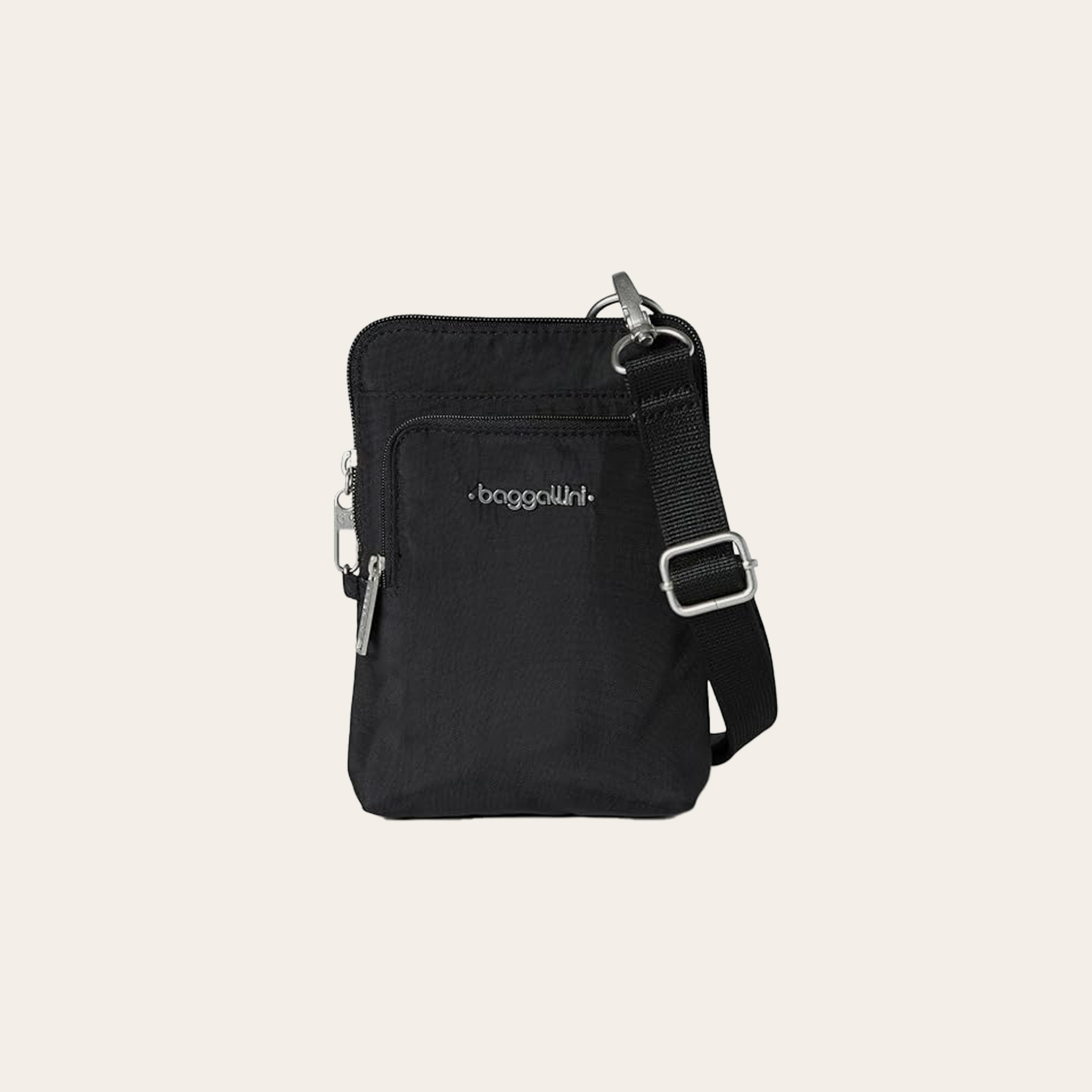 A Black bag with a strap made of soft fabric.