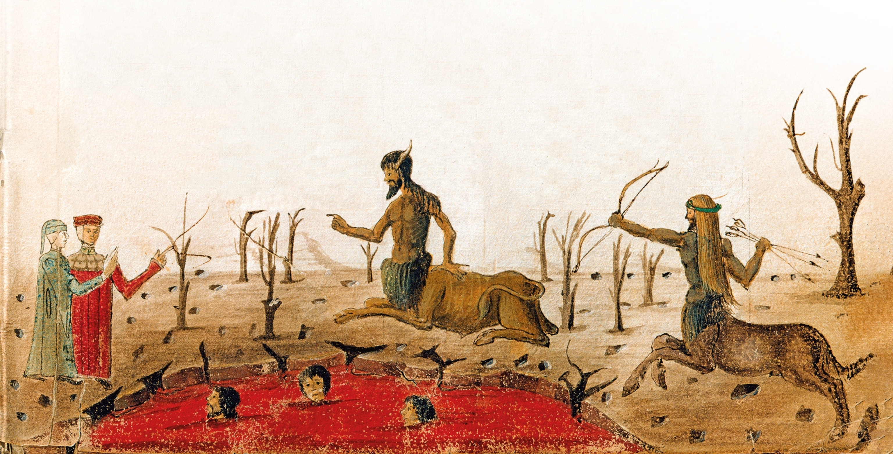 Two centaur guards greet Dante and Virgil in the seventh circle in a late 15th-century codex.