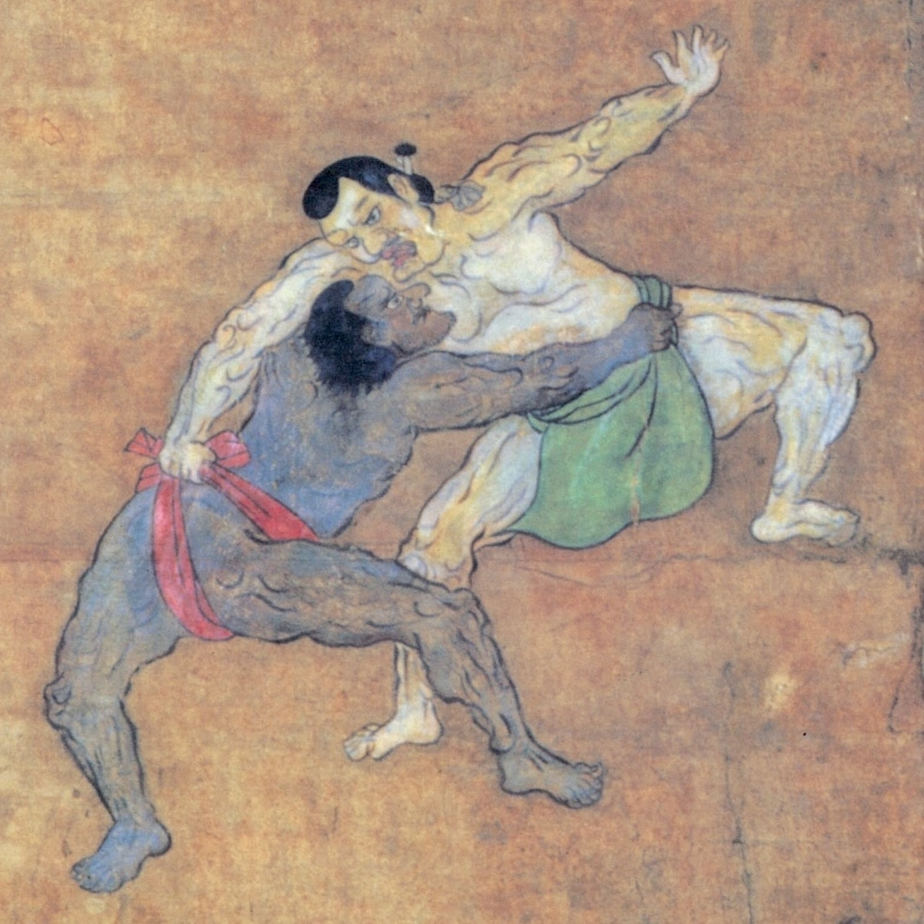 A depiction of two sumo wrestlers wrestling, from a 17th-century Japanese screen.