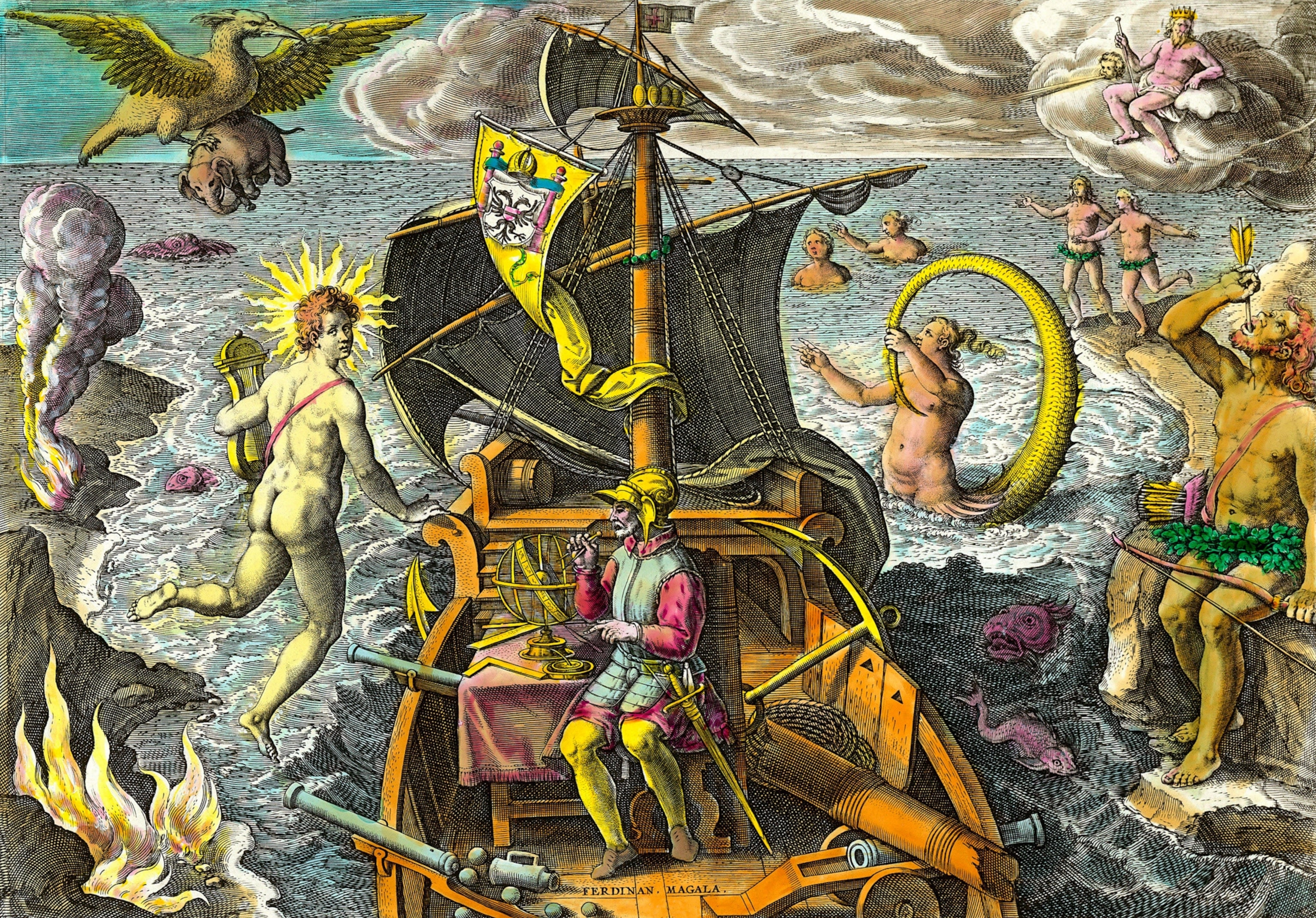 a man on ship surrounded by mythical creatures