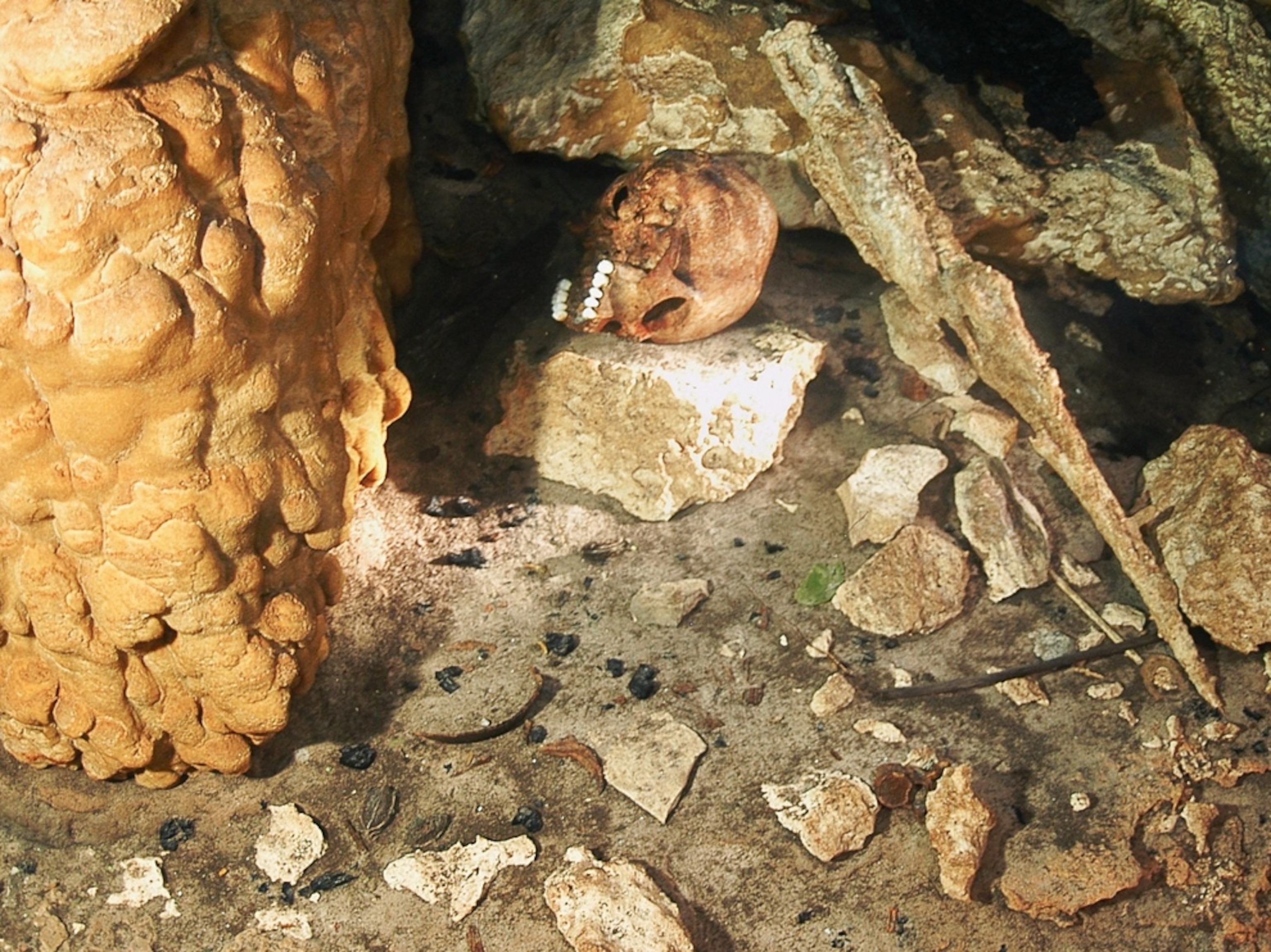 Maya sacrifice picture: A human skull resting on an underwater ledge