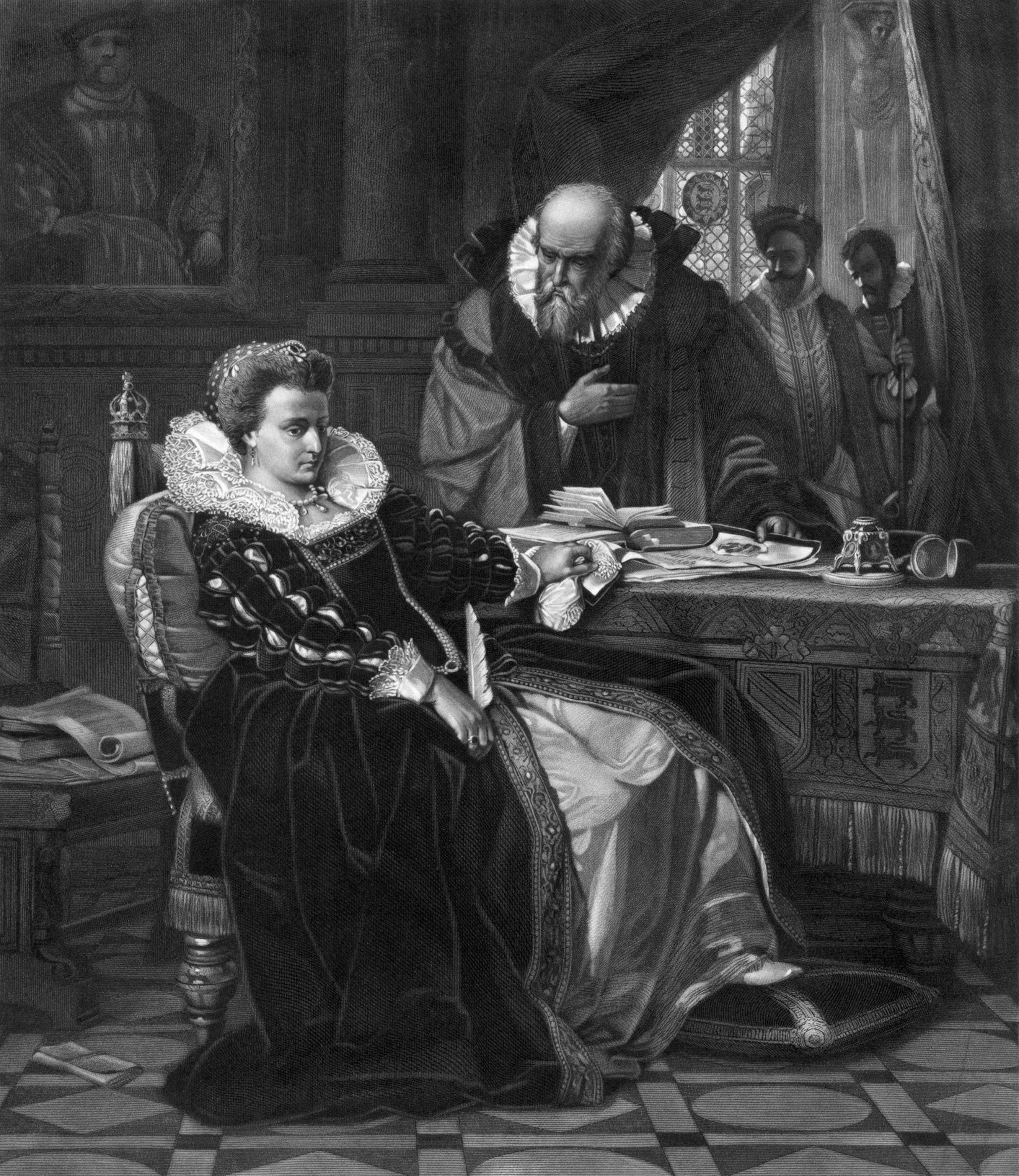 Portrait print of Queen Elizabeth I of England consenting to the execution of Marie Stuart, or Mary I Queen of Scots, in 1587