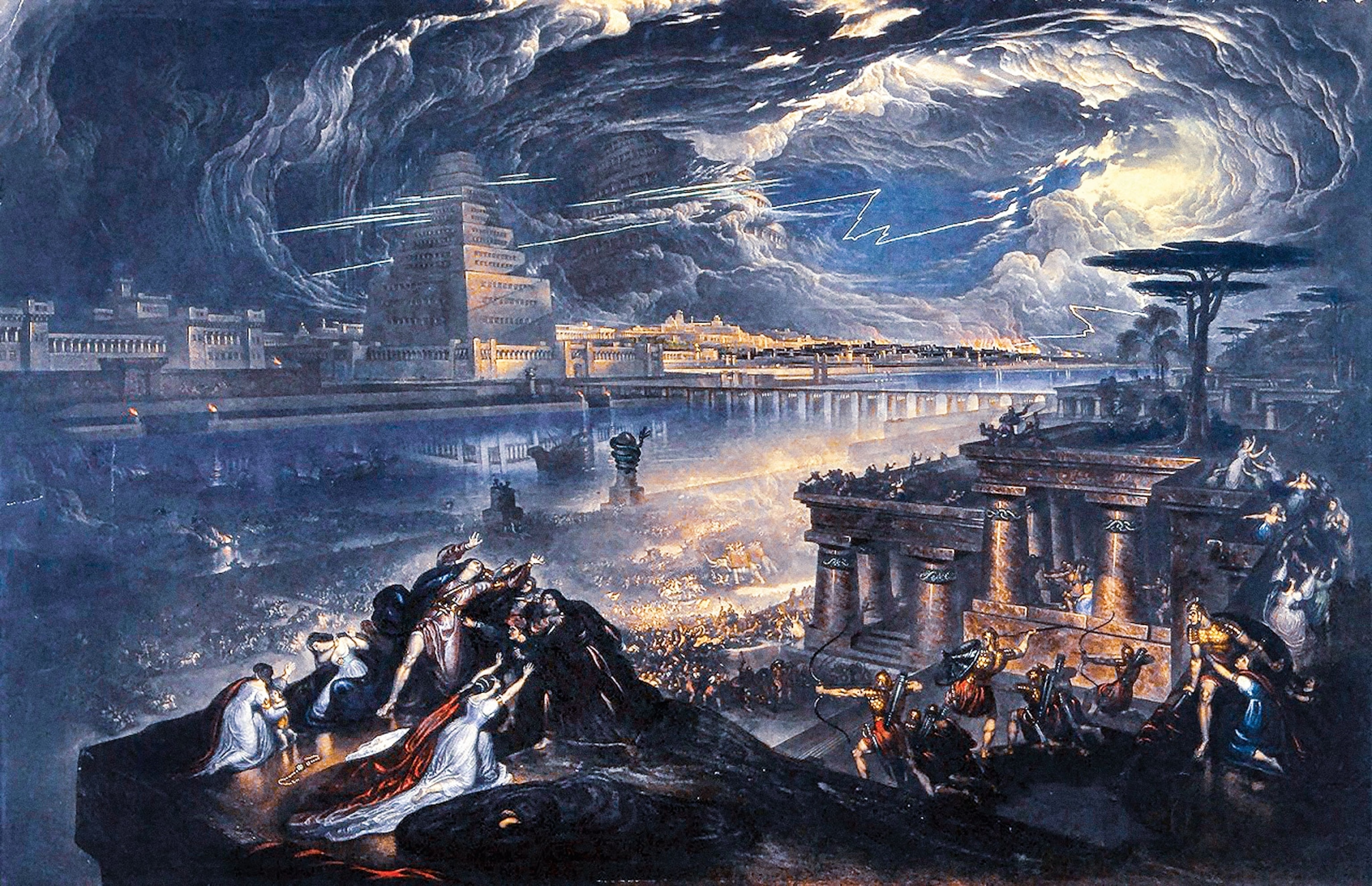 A colorized mezzotint art shows an ancient army conquering a city with elephants and infantry
