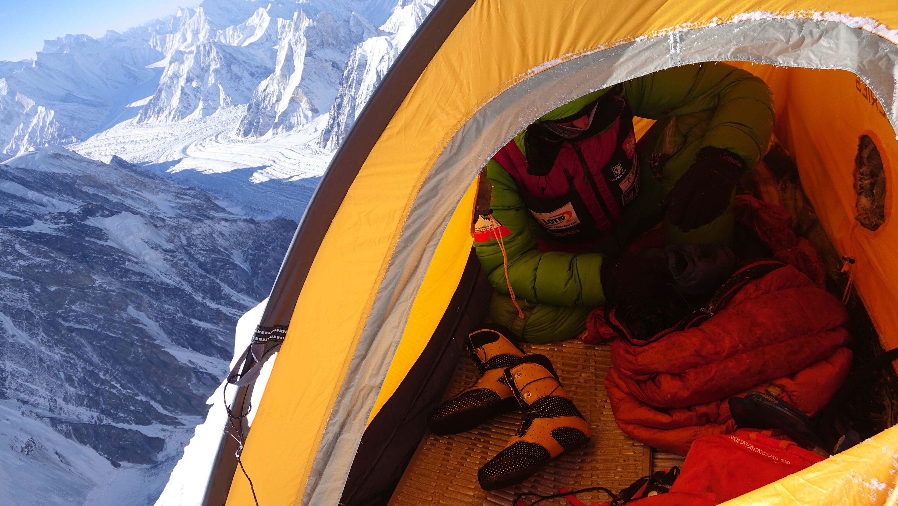 Adam Bielecki inside a tent in Camp 3