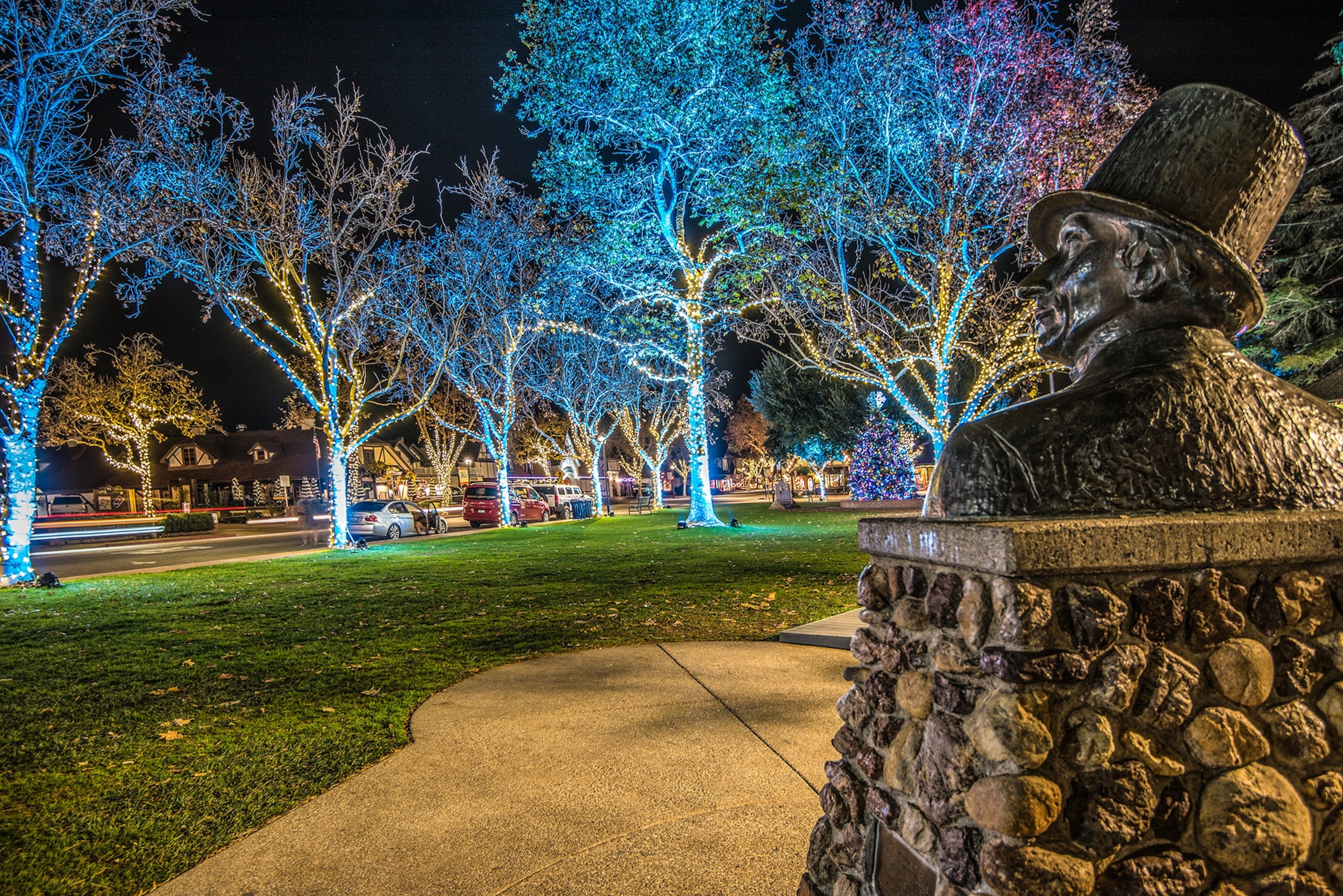 An image of a park at night with bright holiday lights on the trees.
