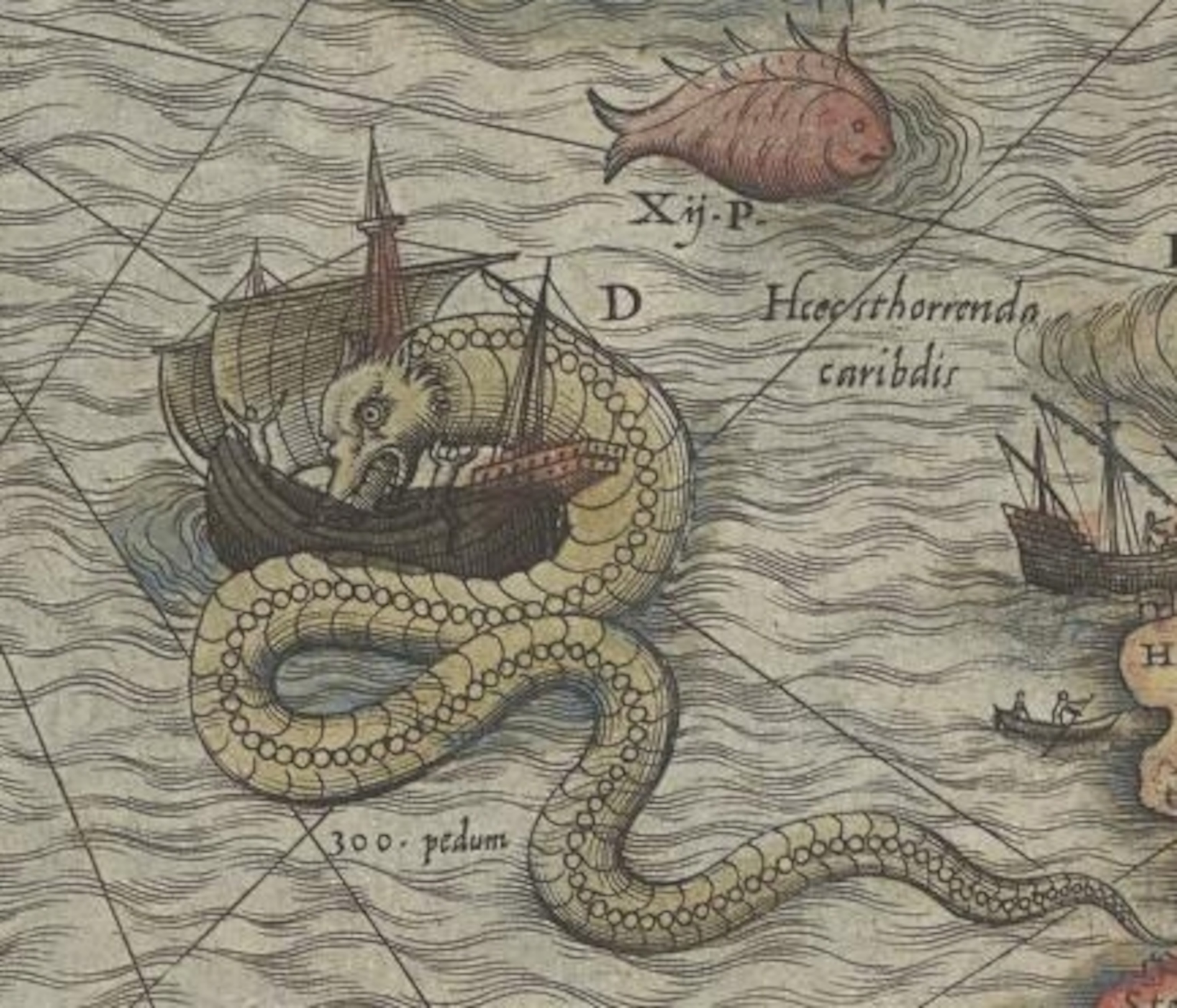 A serpent like creature attacks a ship.