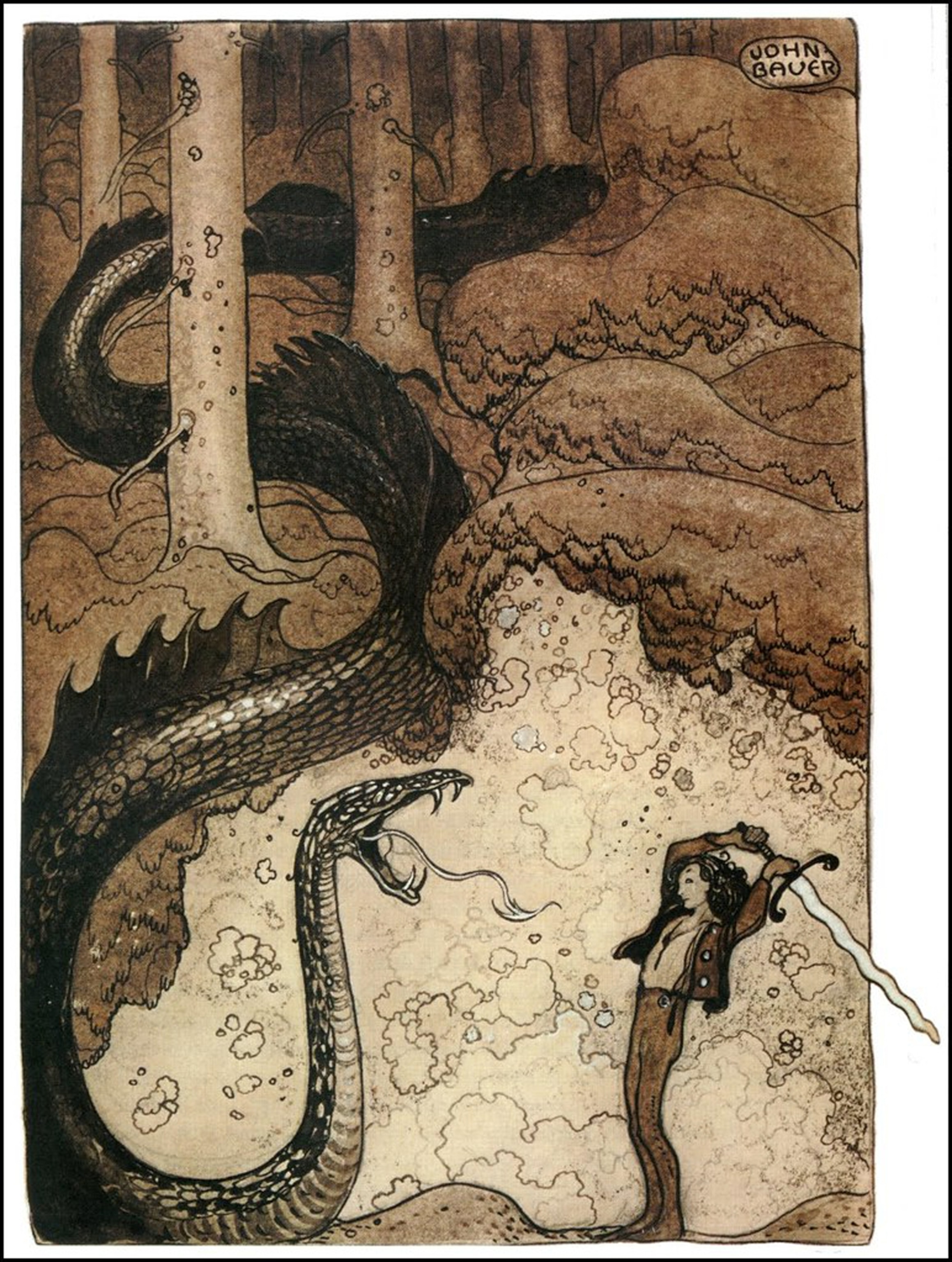 An illustration of a young boy swinging at a long serpent emerging from woodlands.