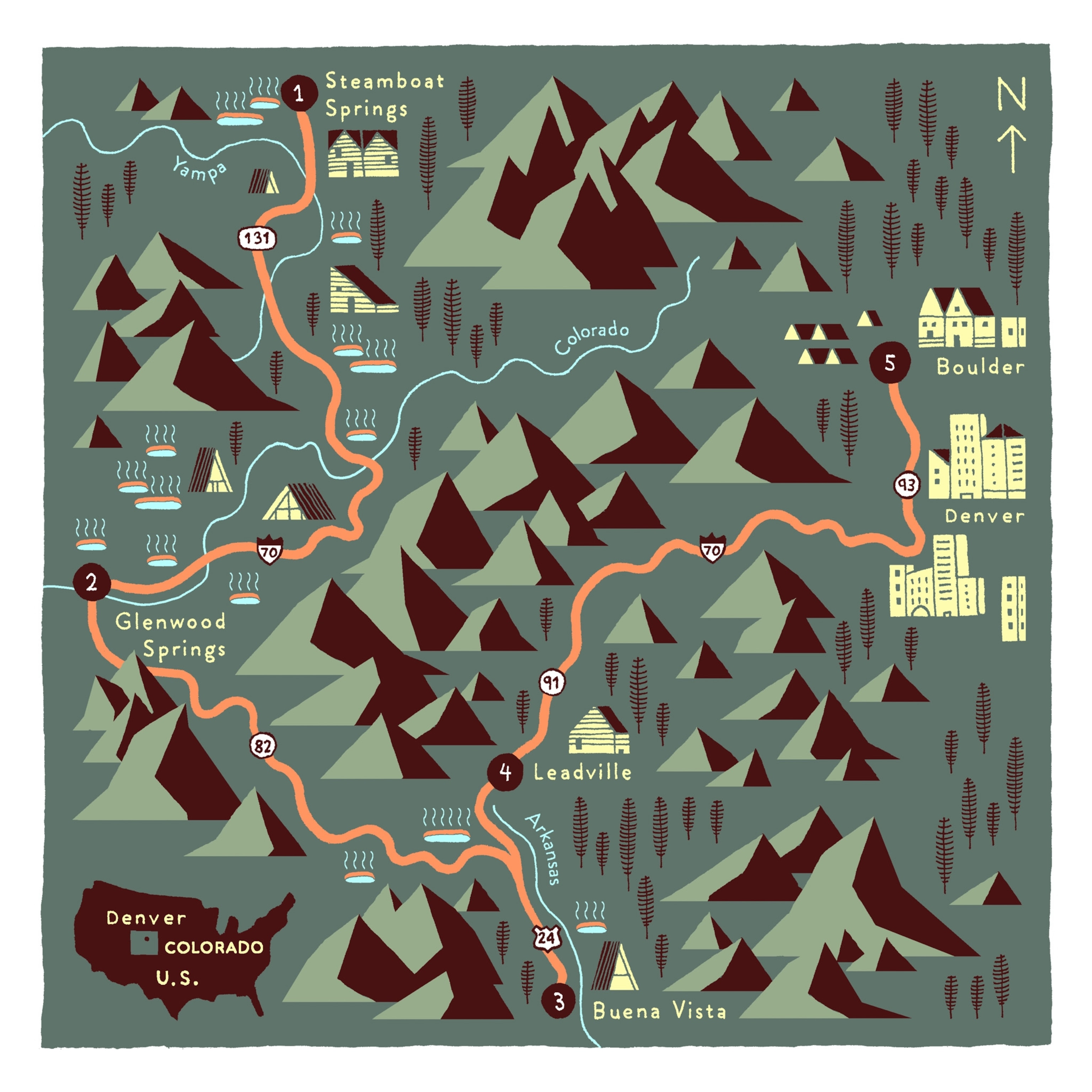 Map of a Colorado hot springs road trip