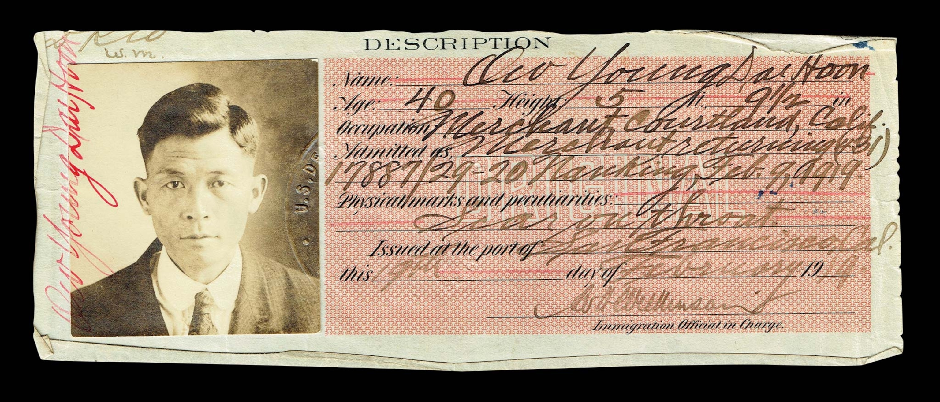 If Chinese immigrants were allowed entry to the U.S. after detention on Angel Island, they were given certificates of identity, like this one of Ow Young Dai Hoon, aka Hoon Owyang, in 1919.