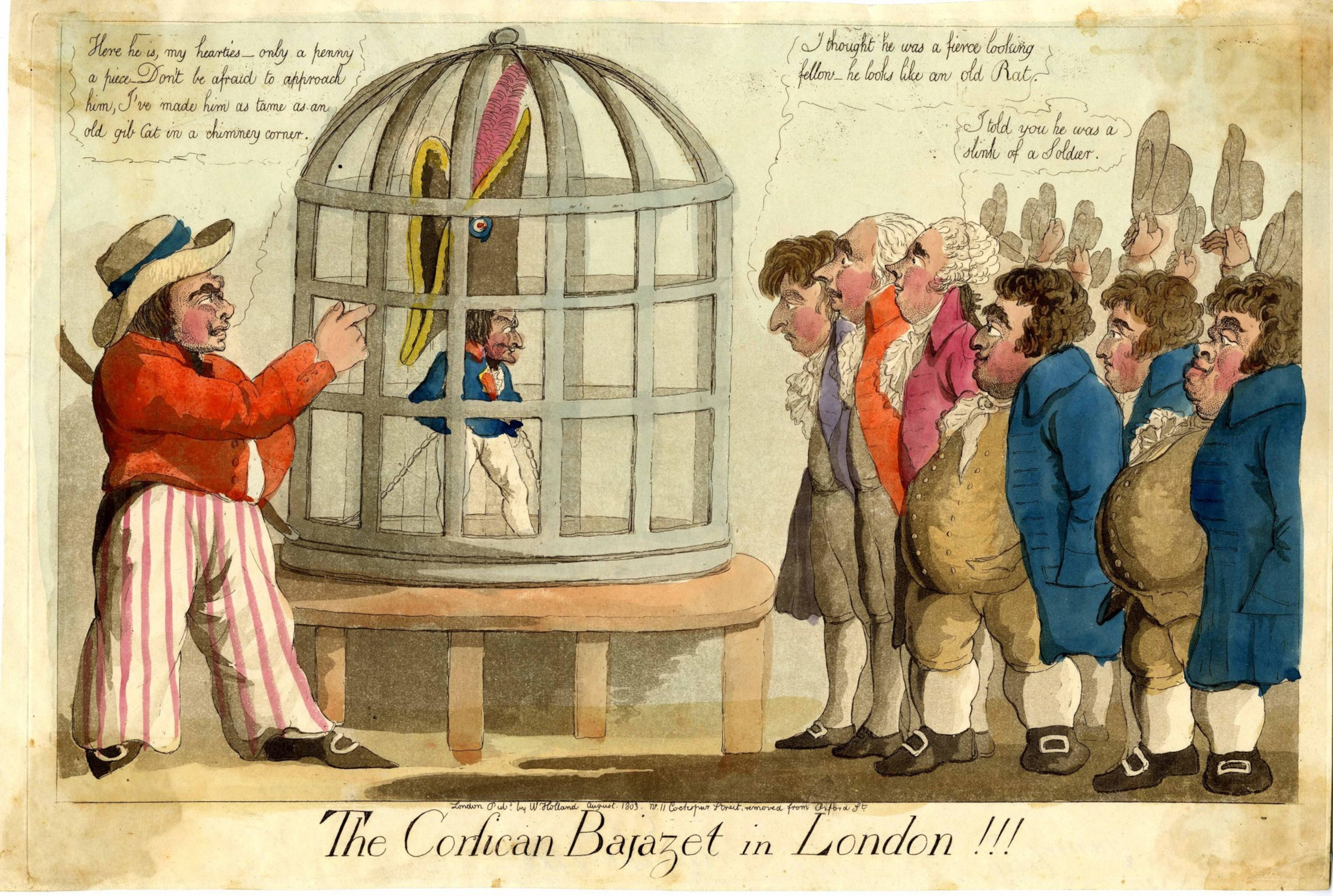 Napoleon in a cage with onlookers.