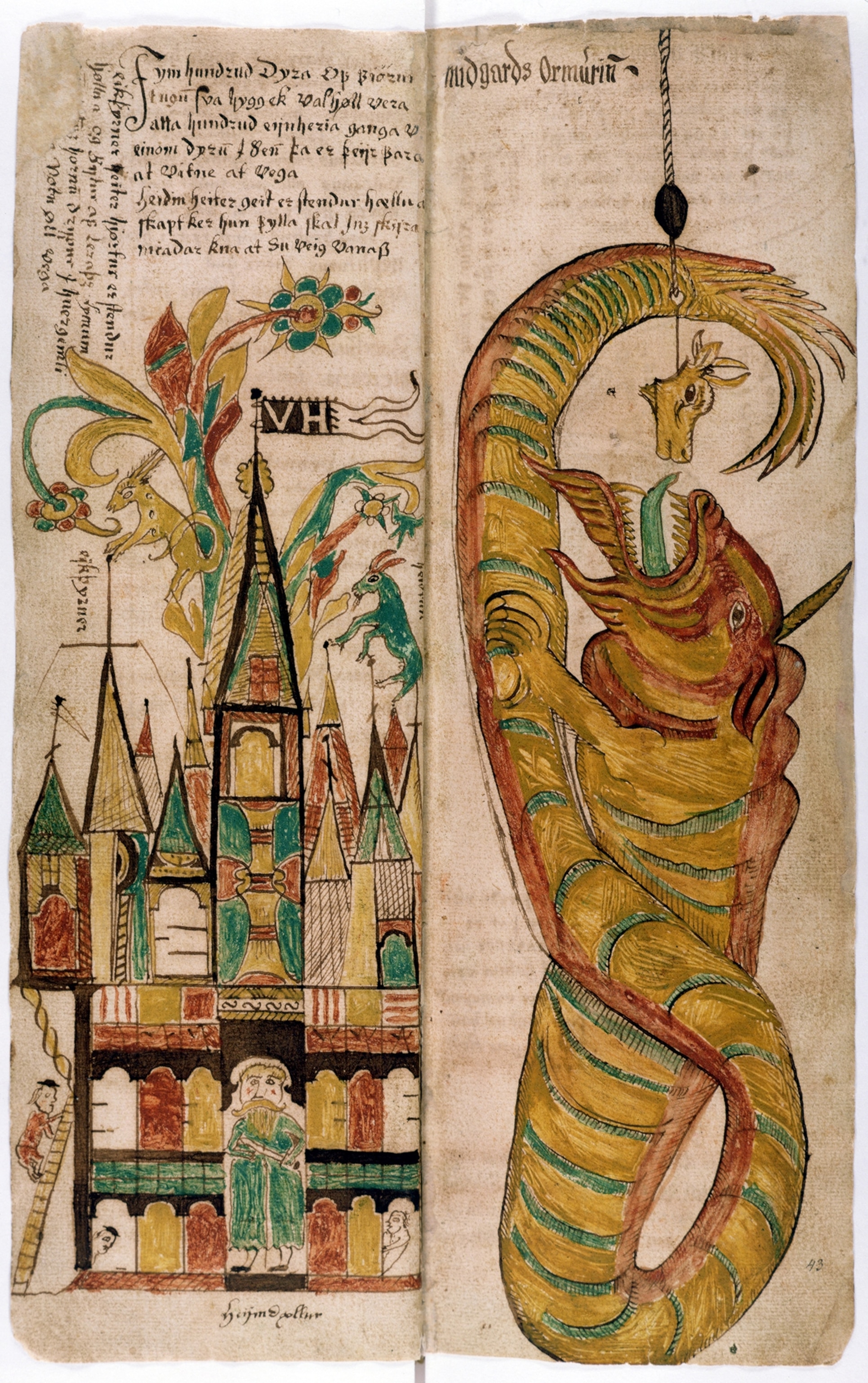 17th century illustration of a castle and the Midgard Serpent.