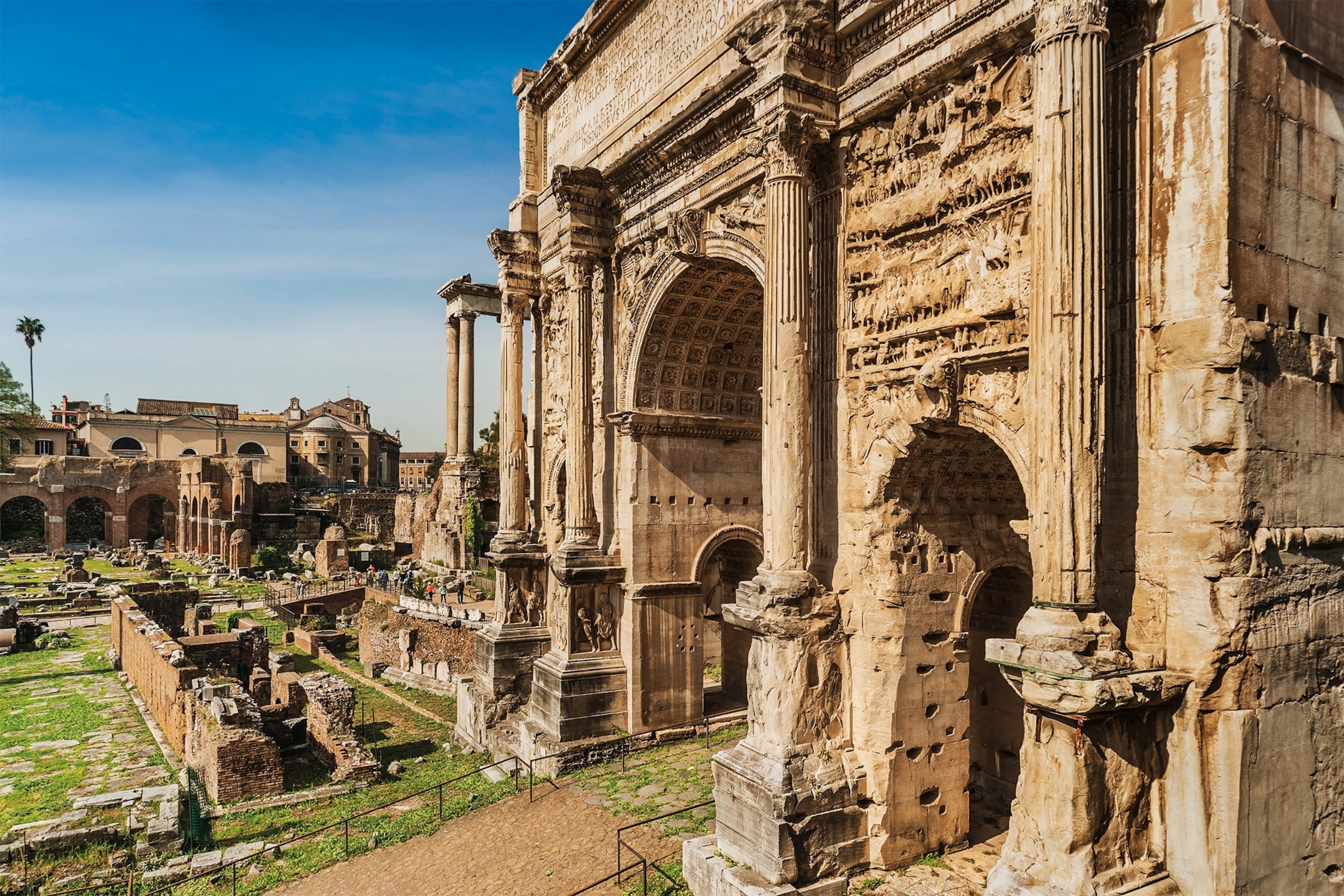 Remains of the Rostra, a platform for public speakers, are still visible before the Arch of Septimius Severus in the Roman forum. Julius Caesar moved it here in 44 B.C.