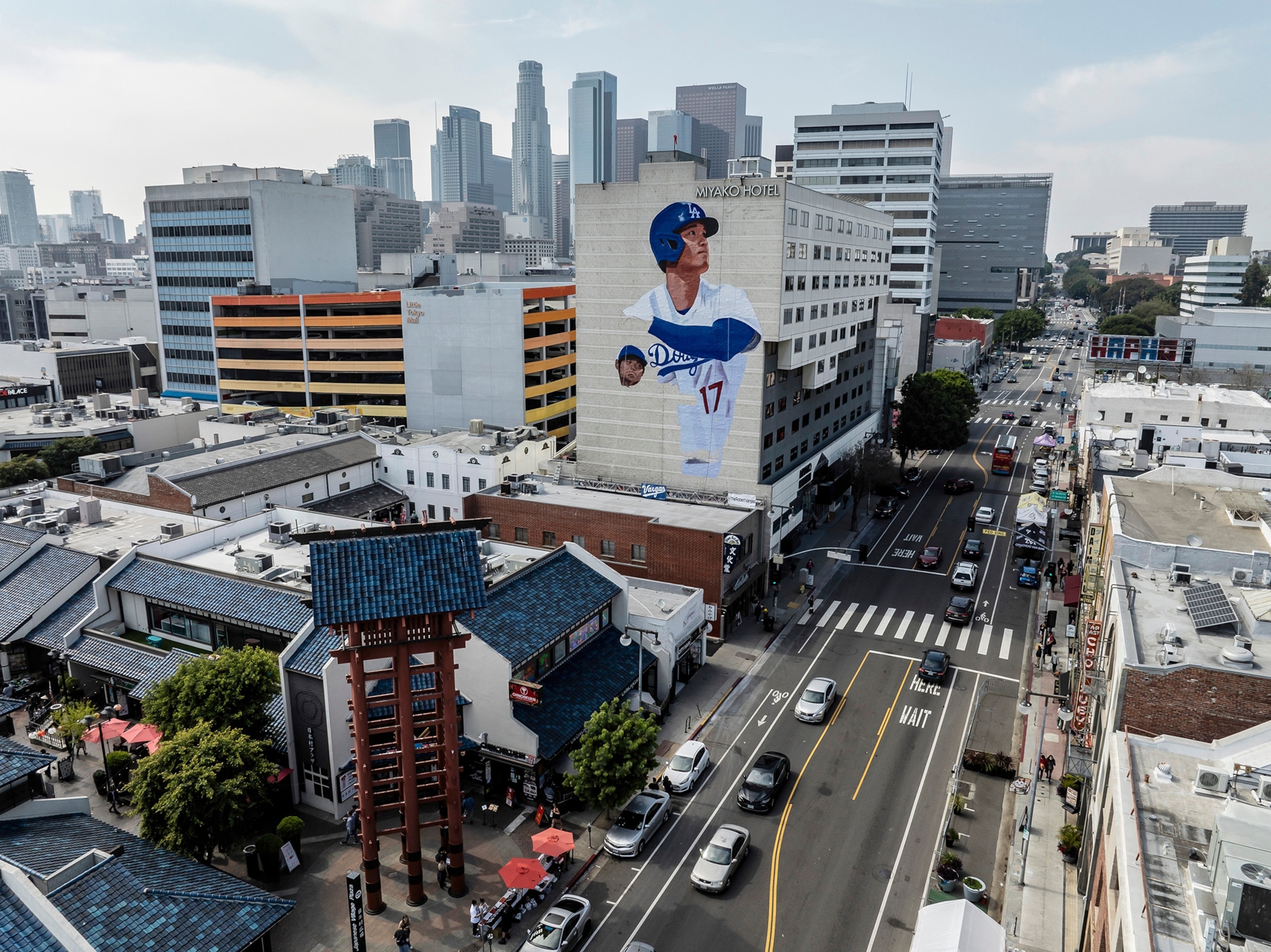 A new mural of Major League baseball player Shohei Othani as an LA Dodger goes up in the "Little Tokyo" area of Los Angeles. The mural is created by LA artist Robert Vargas. 3/22/2024 Los Angeles, CA. USA