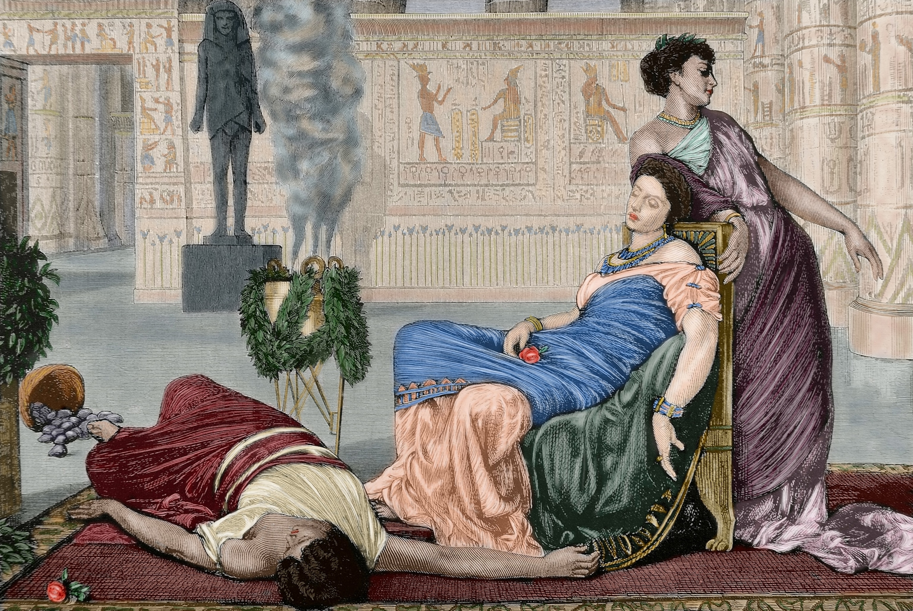 Cleopatra in blue lays deceased.