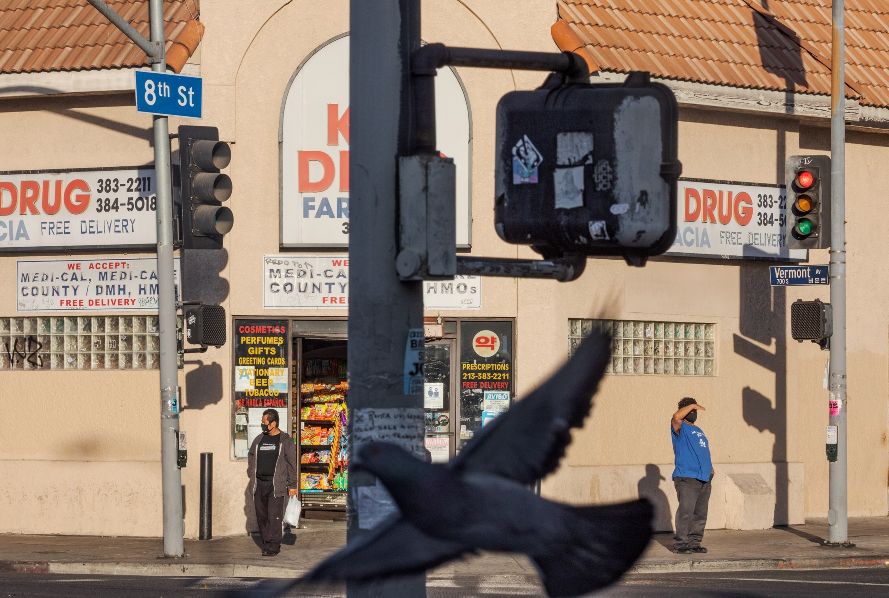 Picture of two men by glossary store on the sunny side of street. Traffic lights and flying dove on the foreground.