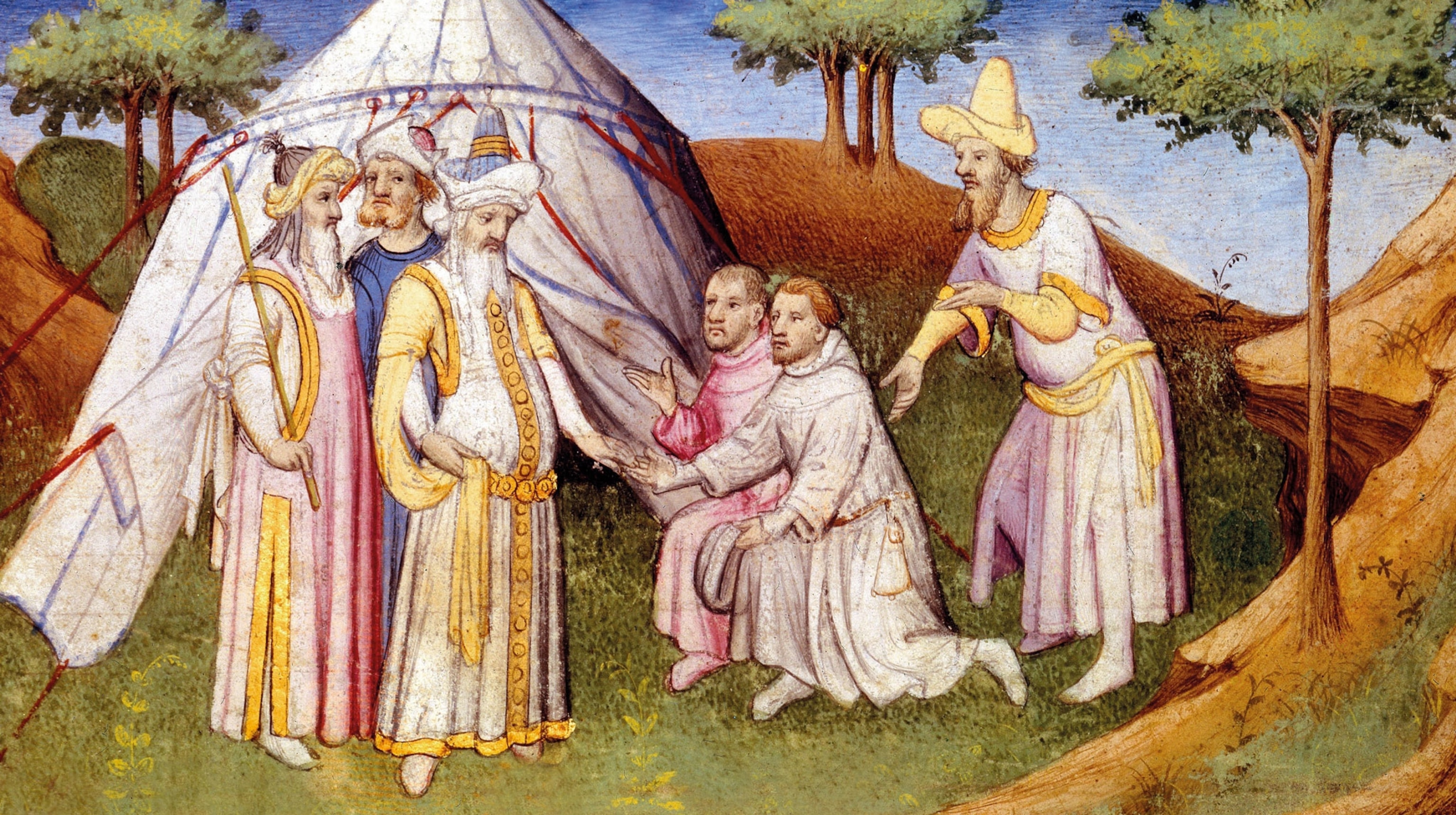 Niccolò and Maffeo Polo bowing before Kublai Khan outside his yurt