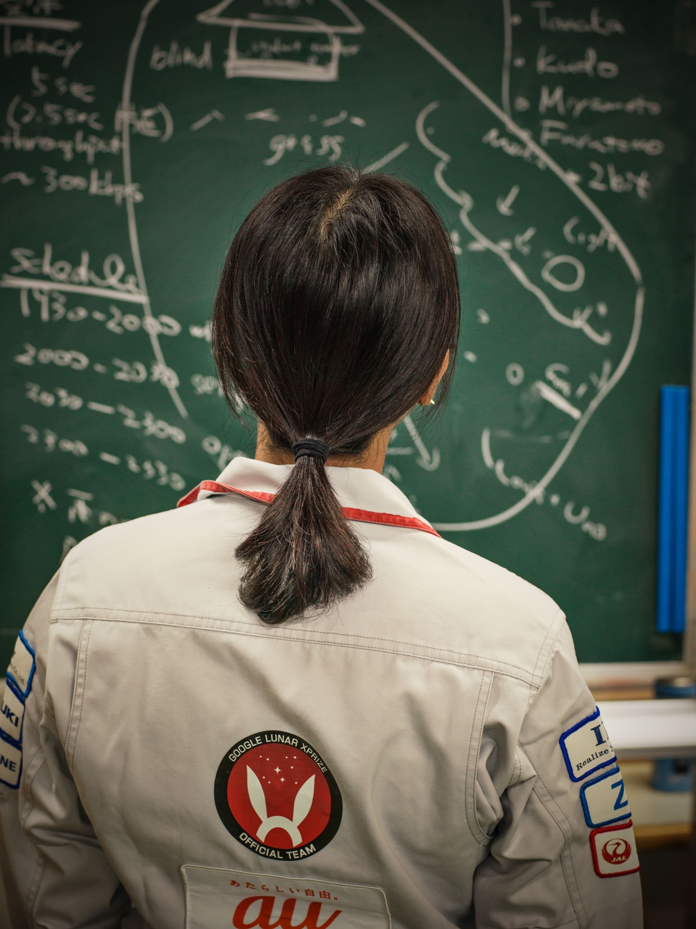 a woman in a team jumpsuit looking at a chalkboard with notes and calculations on it