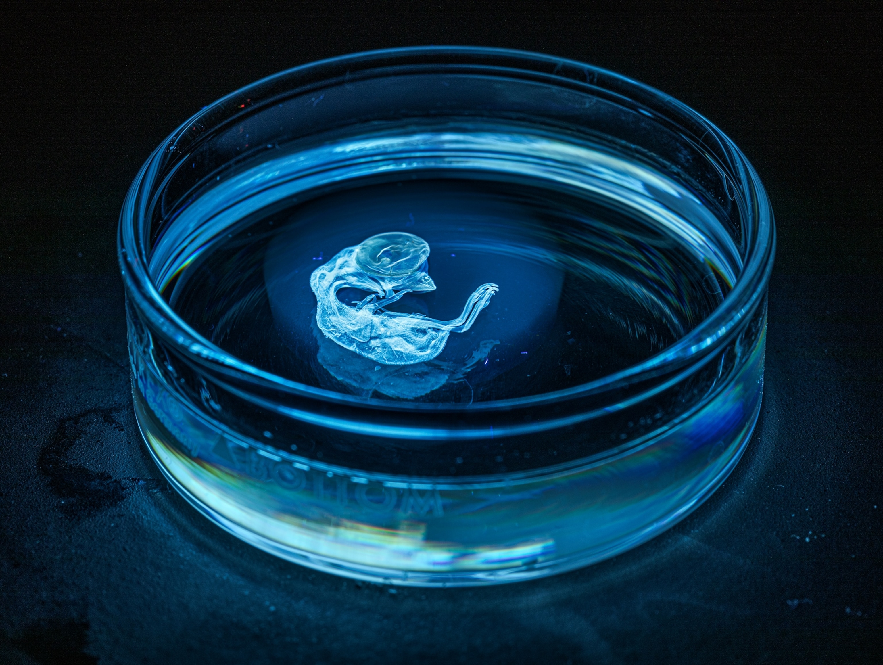 a embryo in petri dish lit blue
