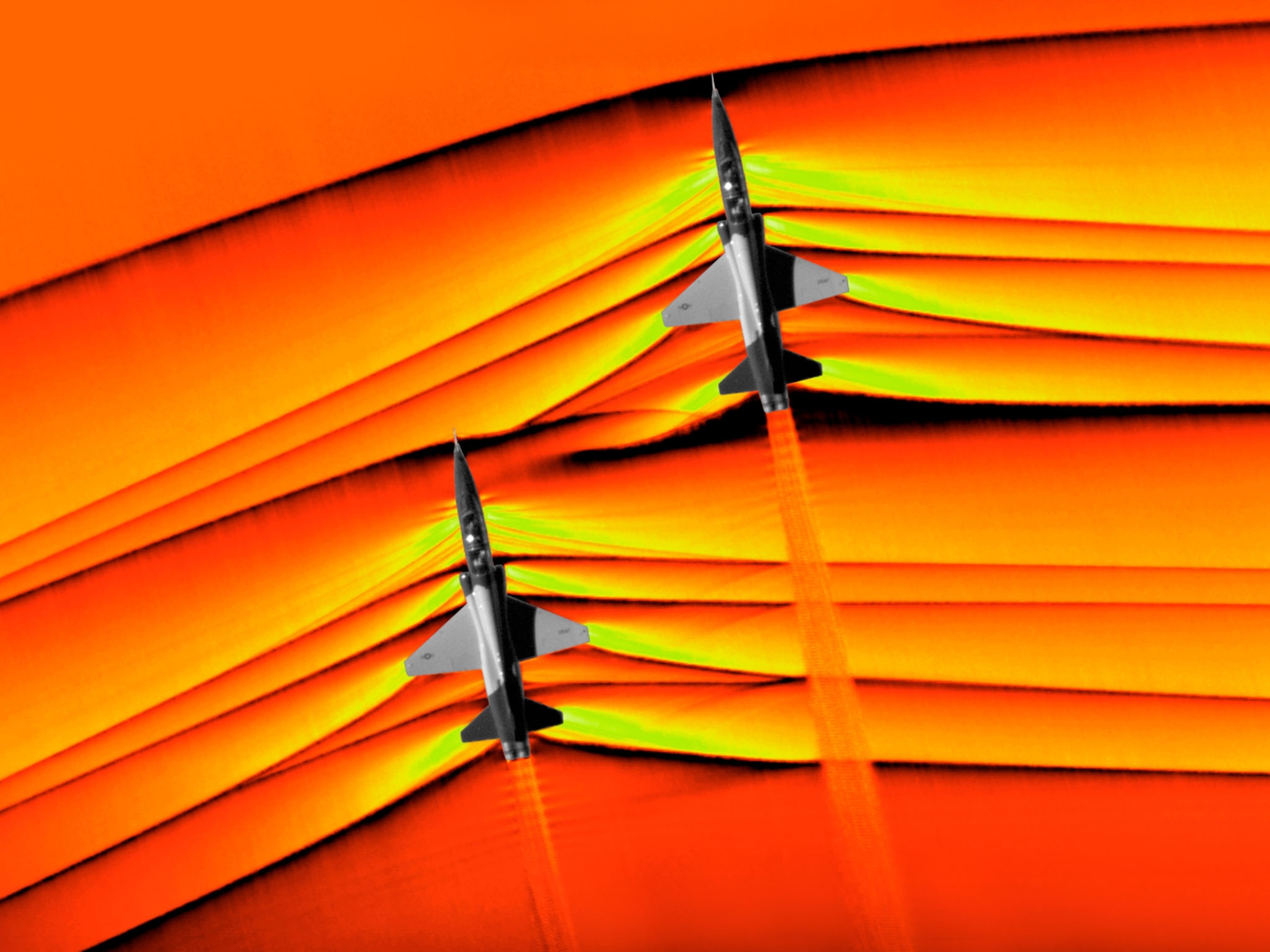 red, yellow and orange wave from two jets.