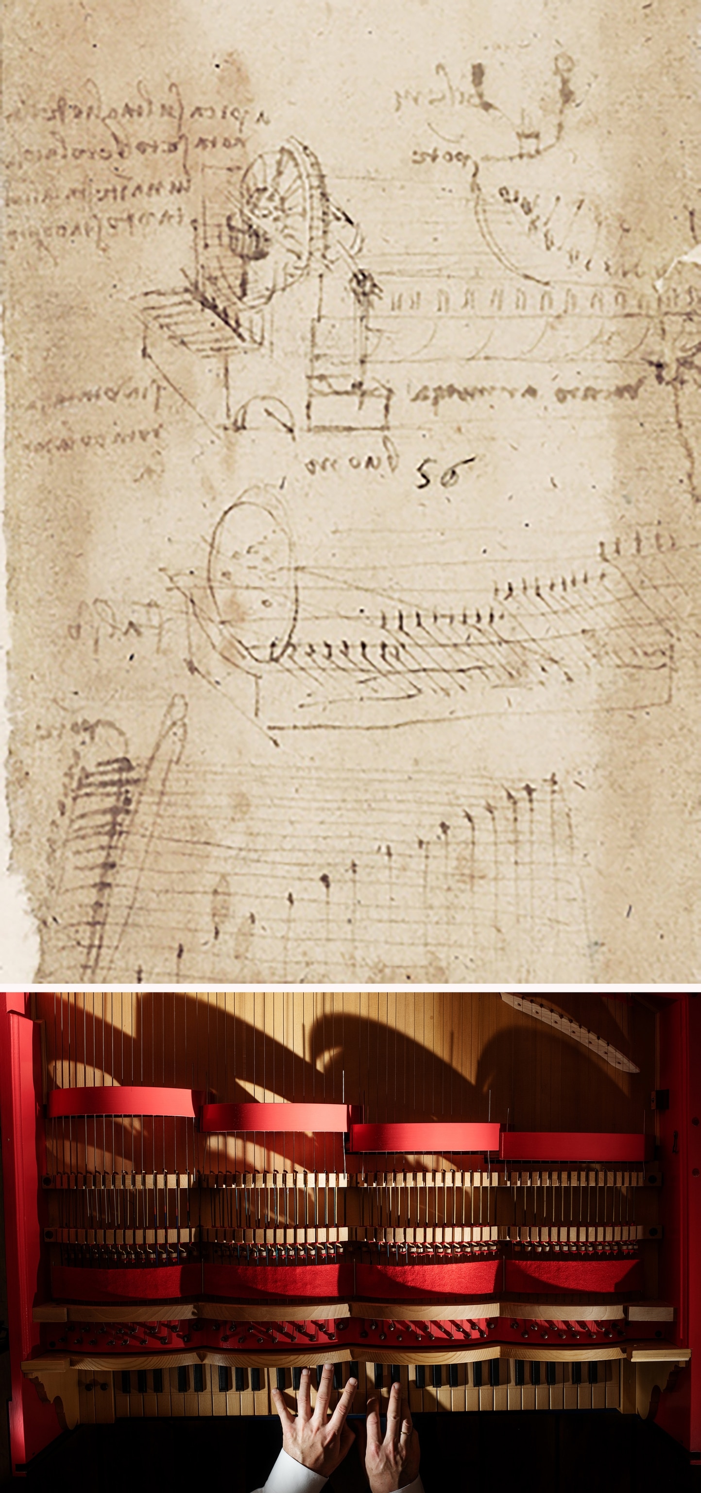 an illustration of a notebook page with a piano like instrument sketch
