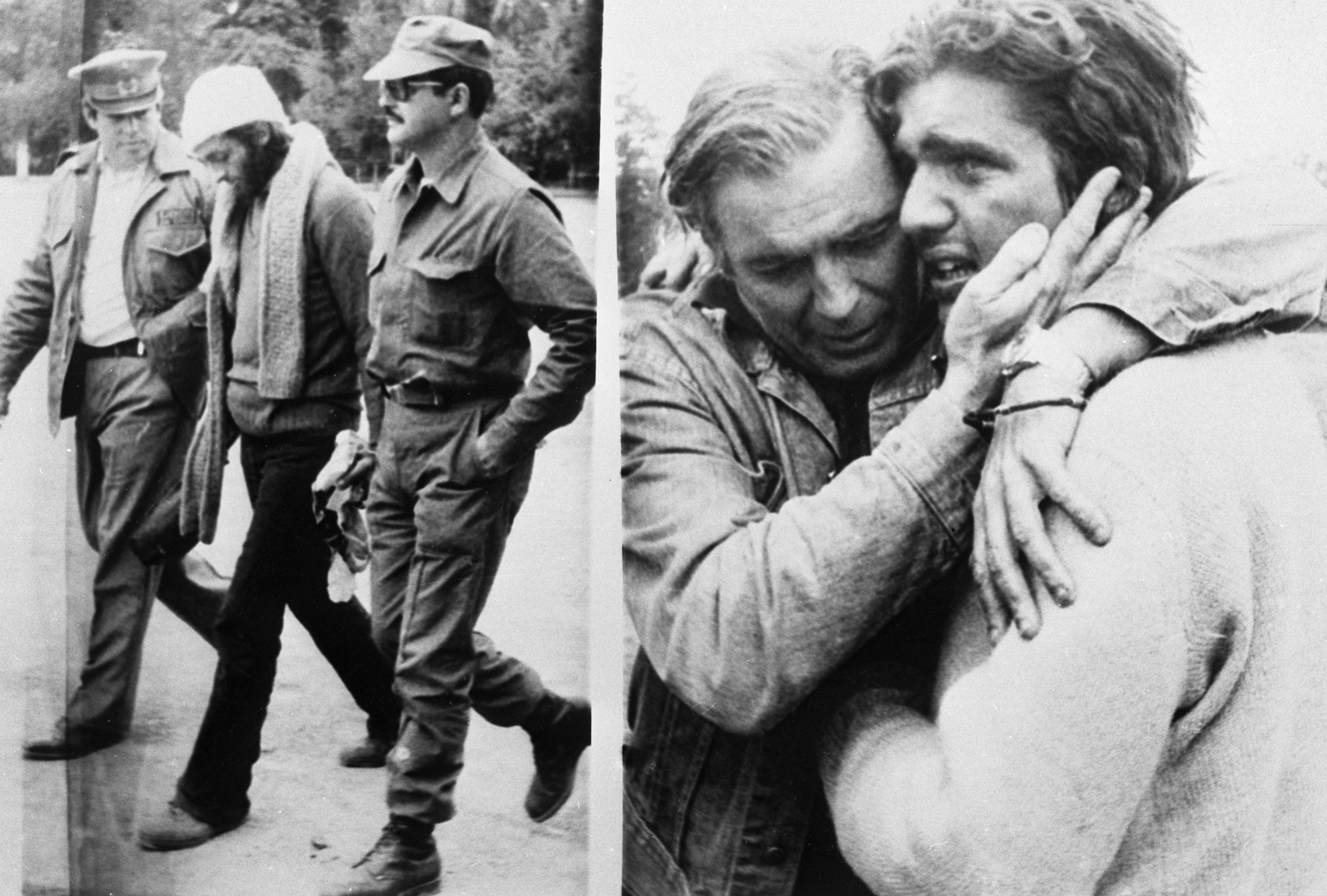 On the left, Chilean Army officers escort Uruguayan rugby player Fernando Parrado; On the right, crash survivor Carlos Paez is joyfully reunited with his father.