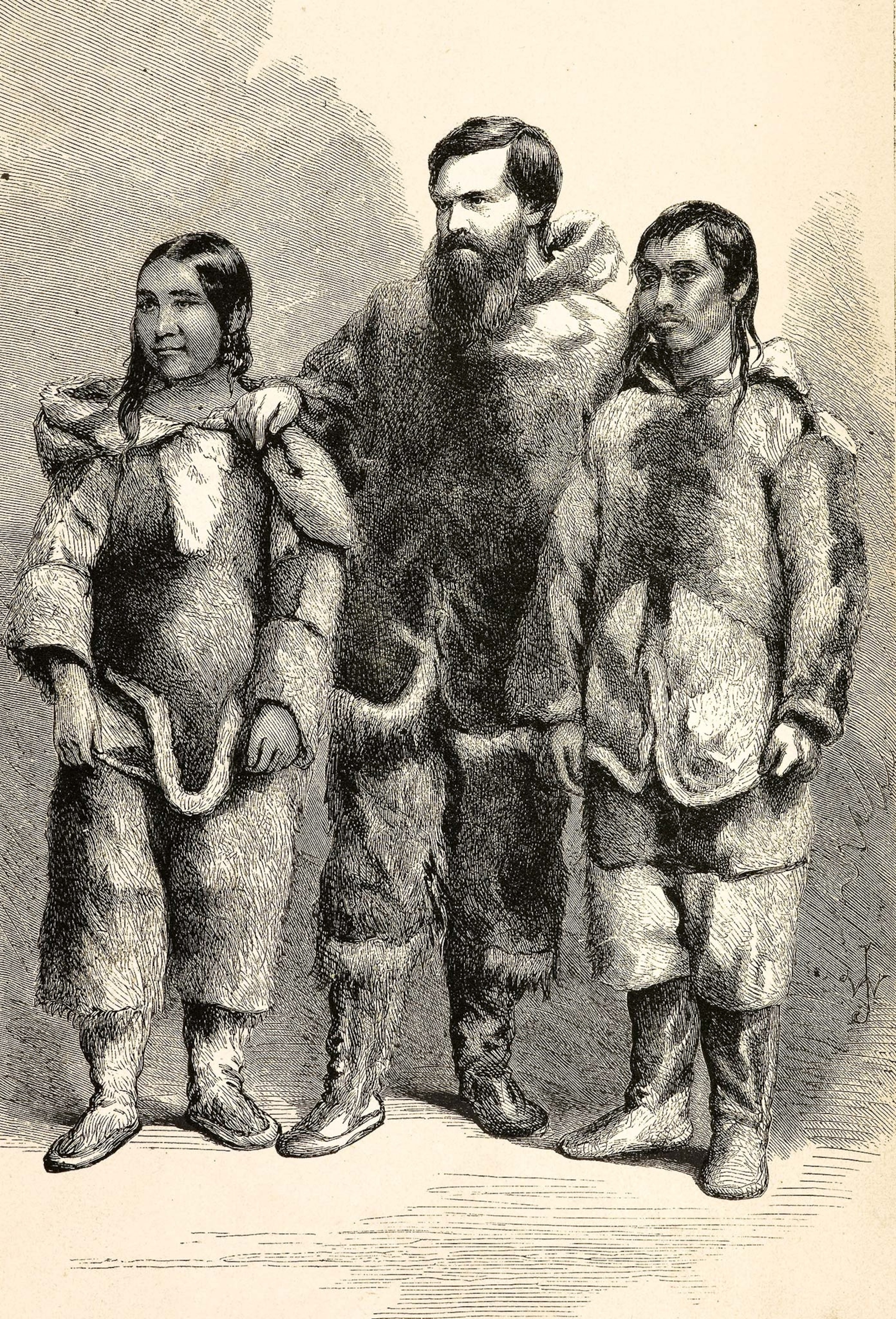 Hall stands with two Inuit people on his first trip to the Arctic between 1860-1862 in this illustration.