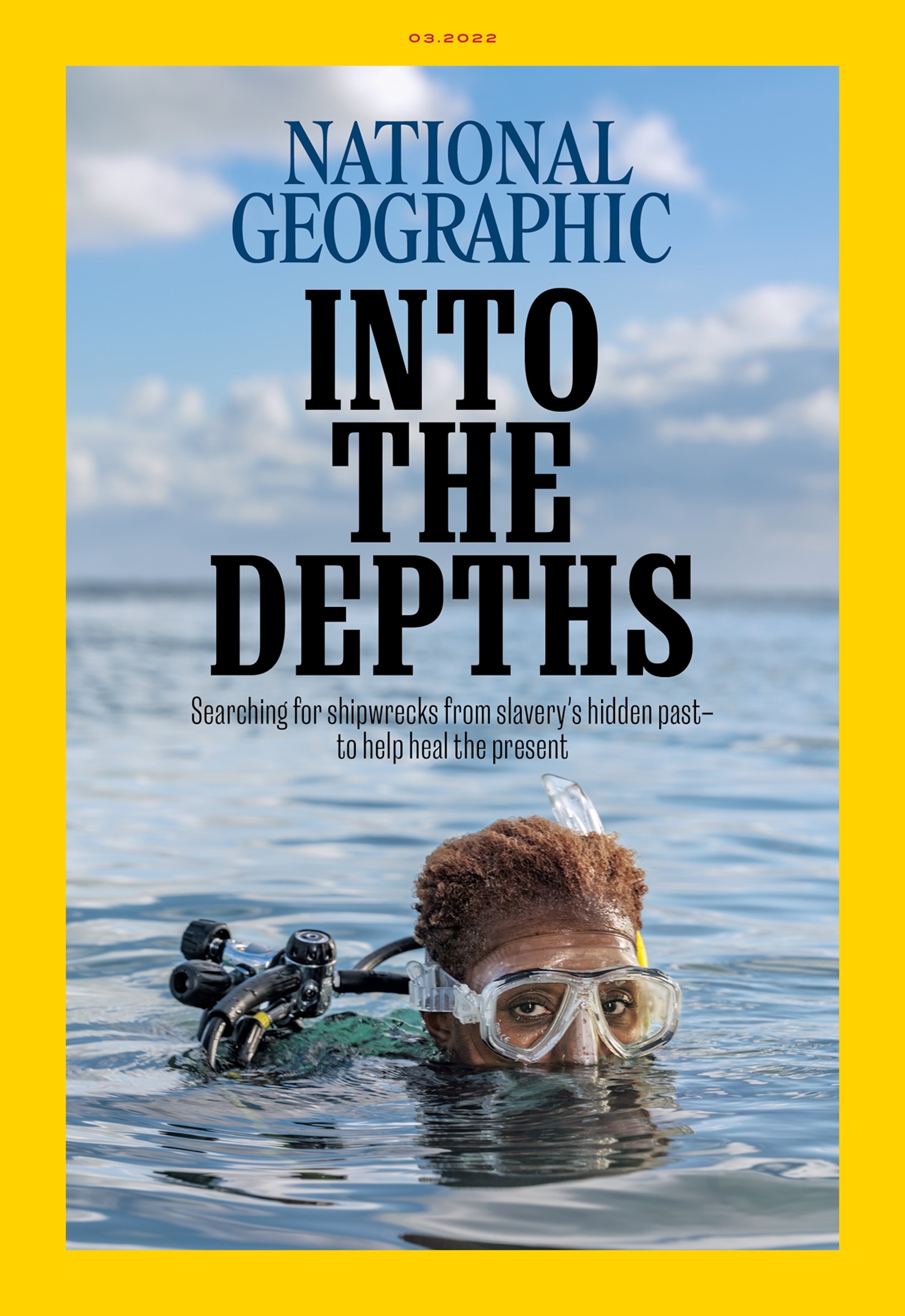 Picture of of a Black woman in scuba gear partially submerged in water surrounded by a yellow border