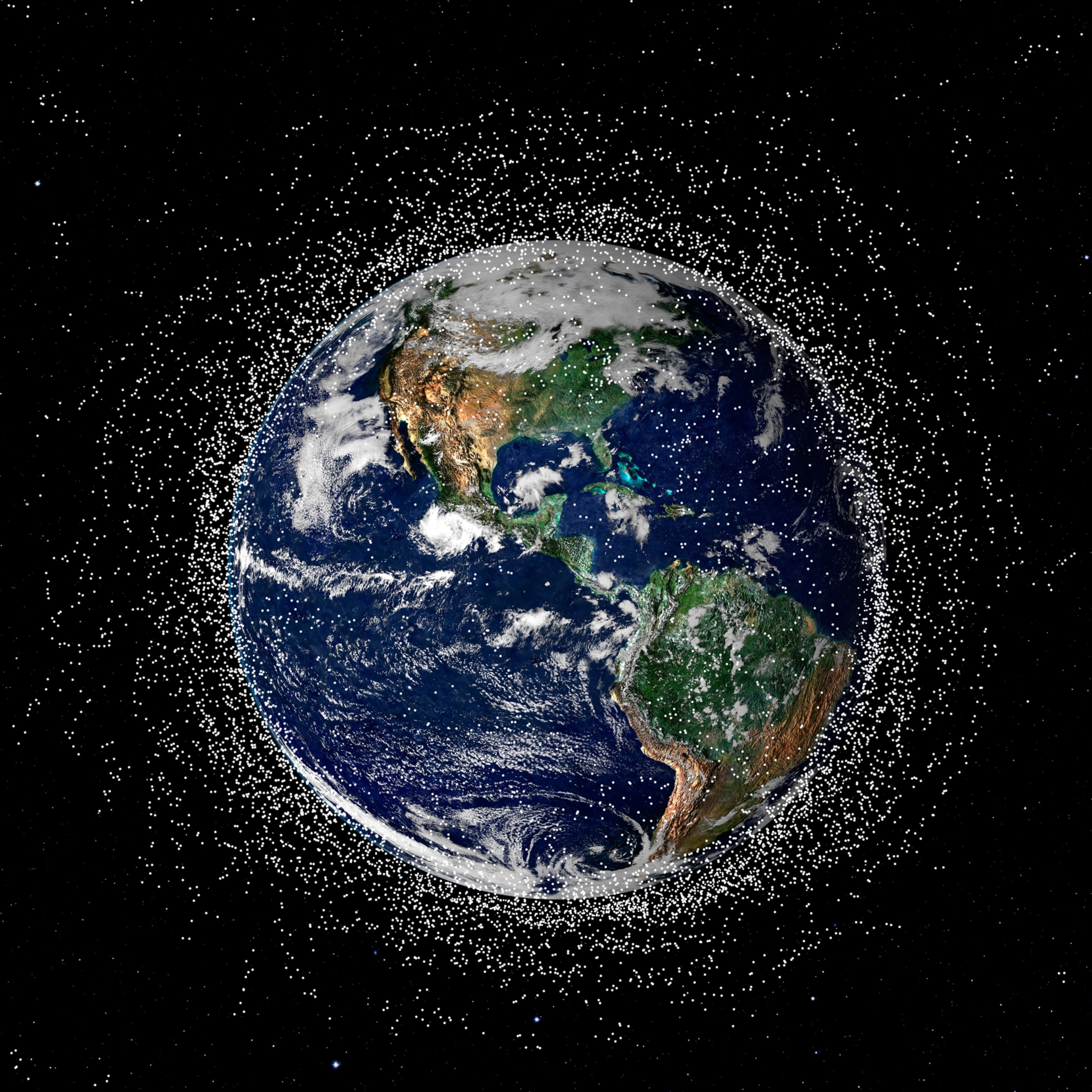 An illustration of Earth's orbit, full of thousands of dots representing different pieces of debris orbiting the planet.