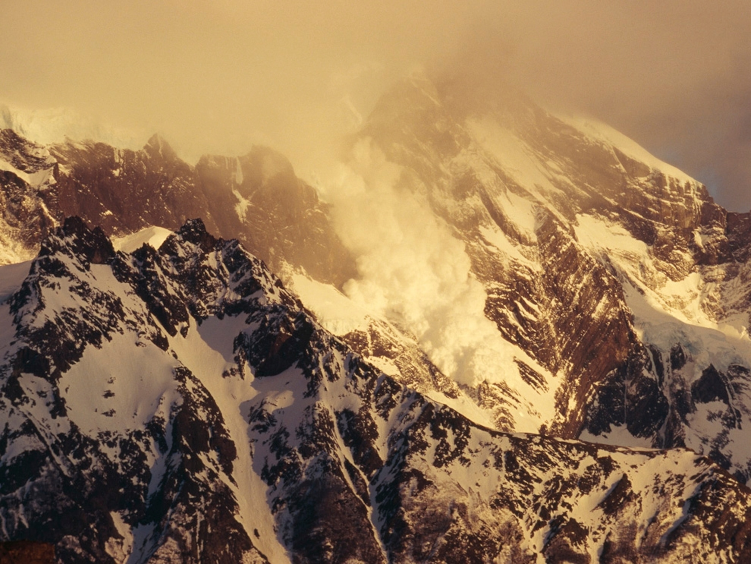 Early morning avalanche in Torres del Paine National Park, Chile
