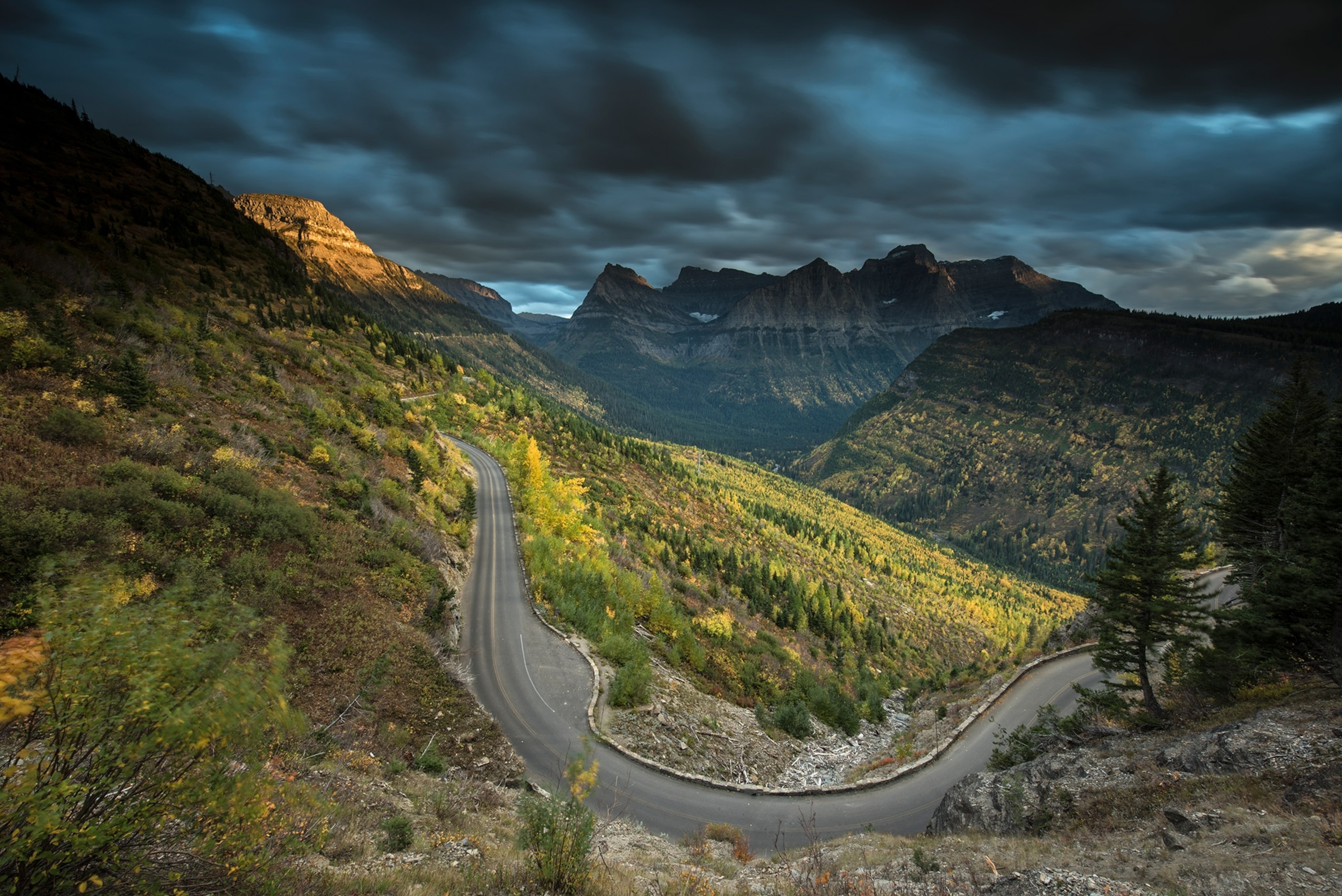 A fast moving storm over Logan Pass in Montana's Glacier National Park