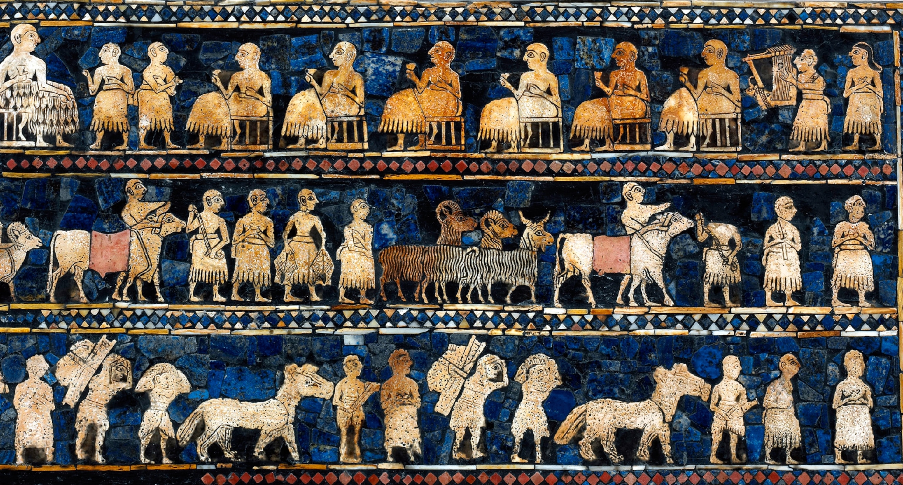 a box from Ur depicting scenes of peace on one side and war on the other