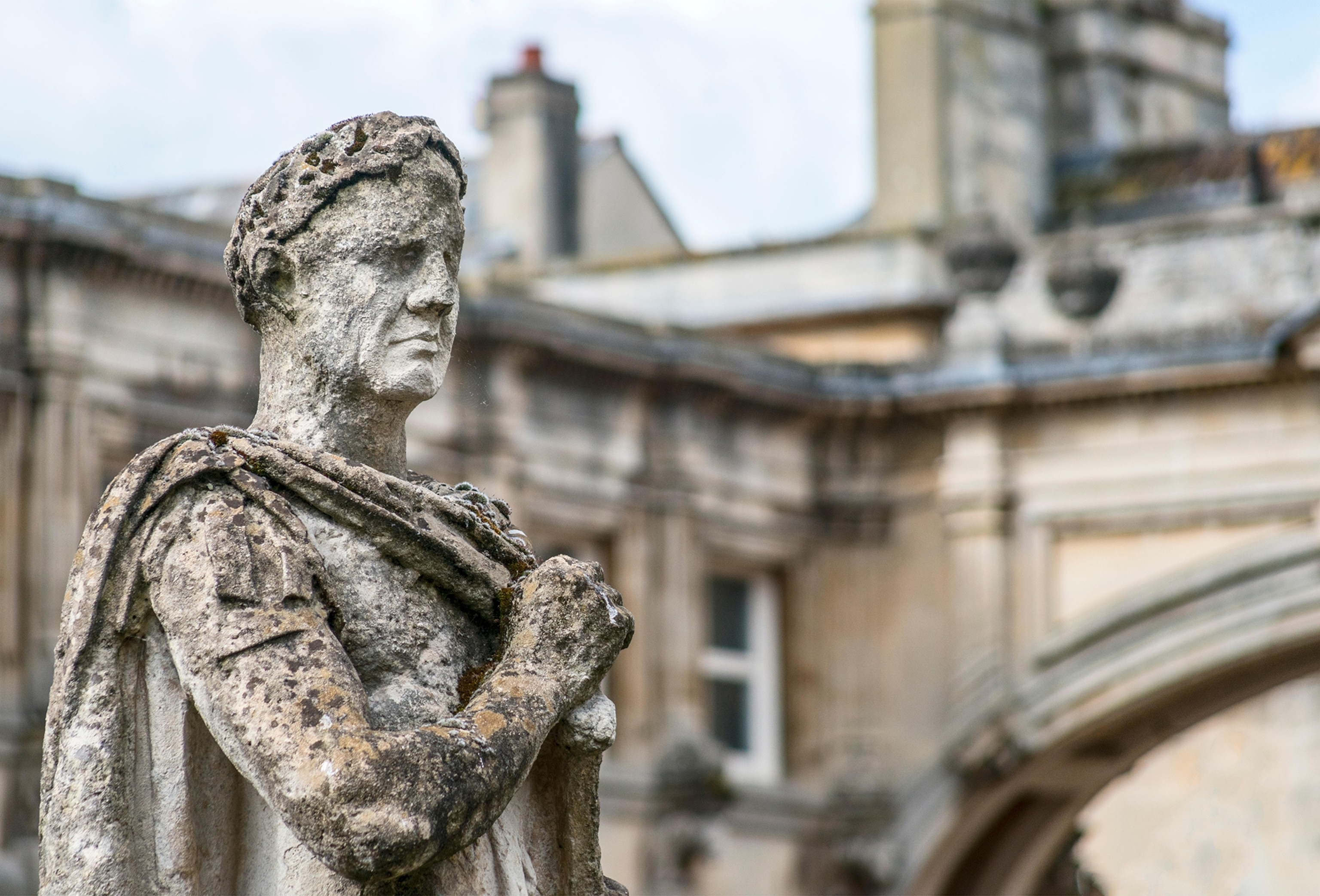 Sculpture of Emperor Vespasian at the Roman Baths complex in the English city of Bath
