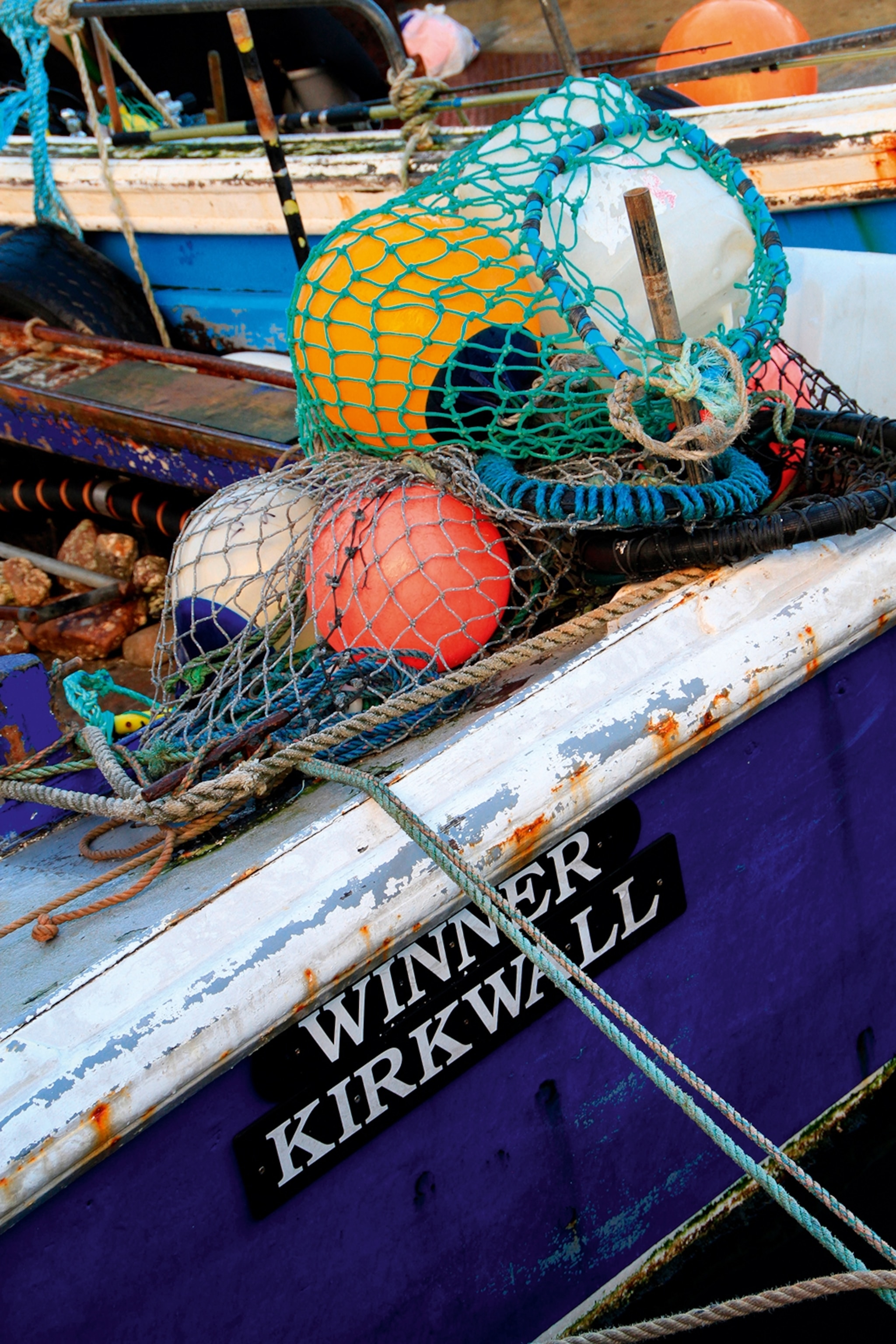A picture of the side of an old fishing boat in Orkney. The paint is rusting on both the exterior and interior, but the original bright purple colour can still be seen.